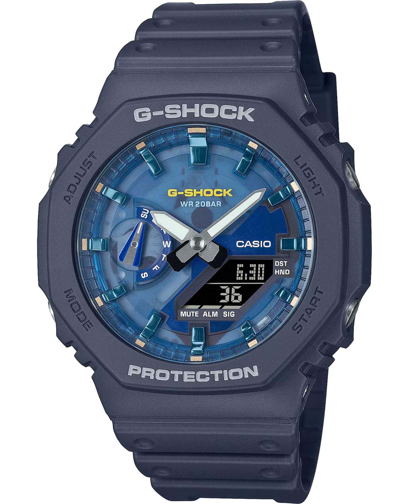 Casio Casio G-Shock GA-2100AS-2A GA-2100 GA-2100AS-2A электронные мужские часы синий циферблат, браслет пластик — вид спереди