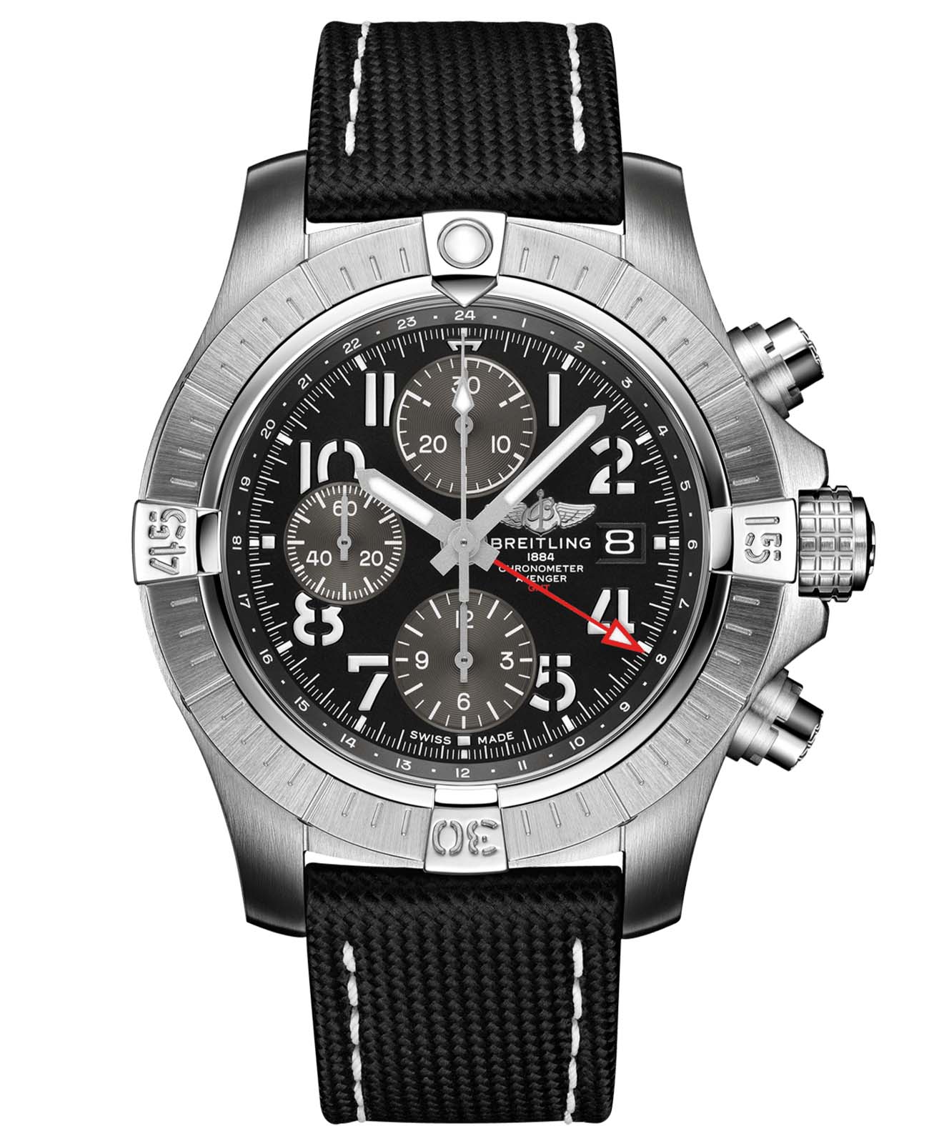 Breitling Breitling Avenger Chronograph GMT 45 A24315101B1X1  A24315101B1X1 механические мужские часы черный циферблат, браслет кожаный — вид спереди
