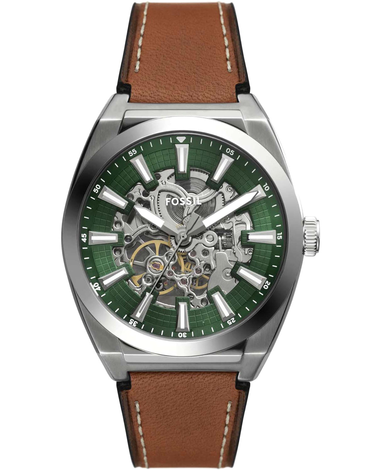 Fossil Fossil Everett ME3261  ME3261 механические мужские часы зеленый циферблат, браслет кожаный — вид спереди