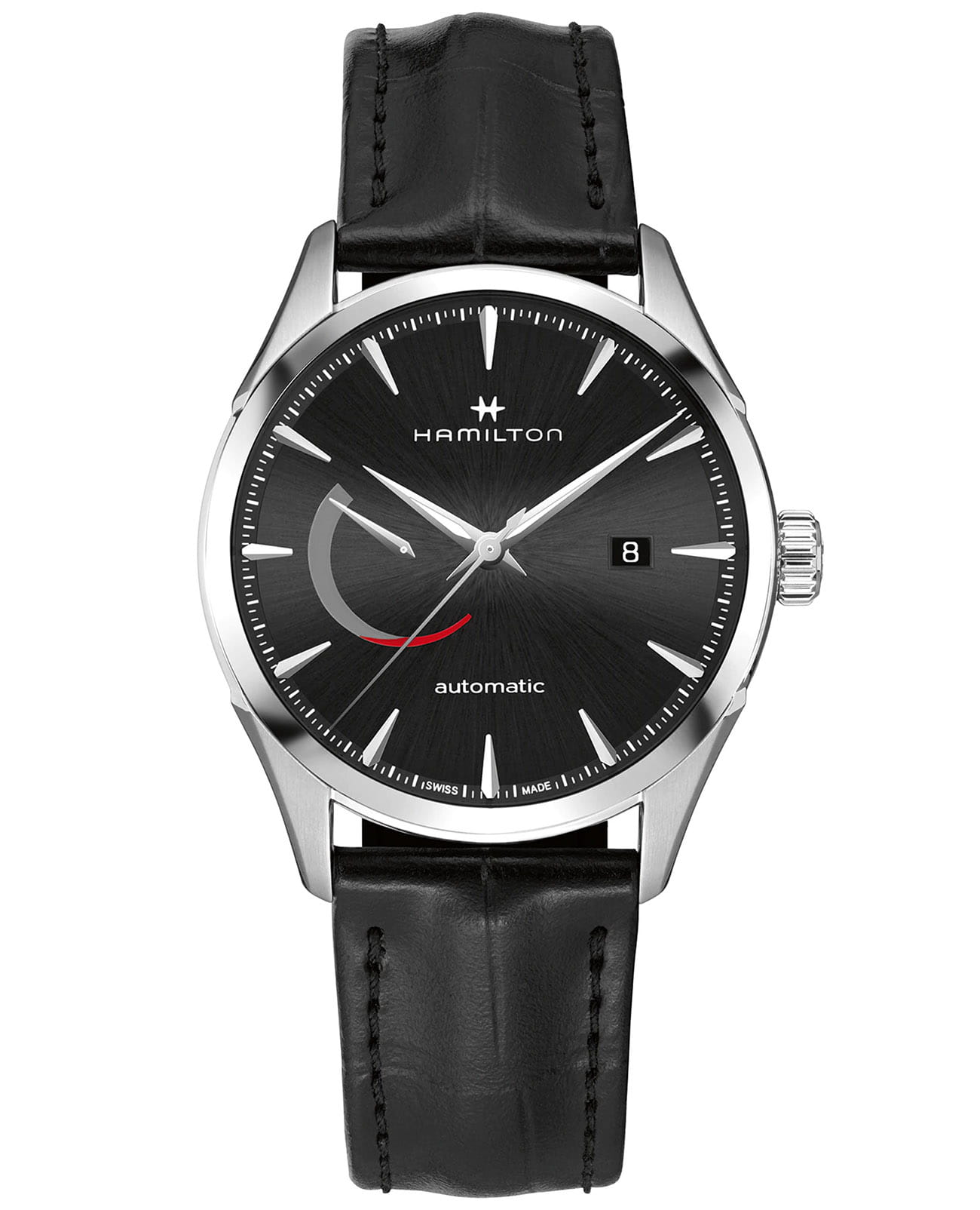 Hamilton Hamilton Jazzmaster Power Reserve Auto H32635731  H32635731 механические мужские часы черный циферблат, браслет кожаный — вид спереди