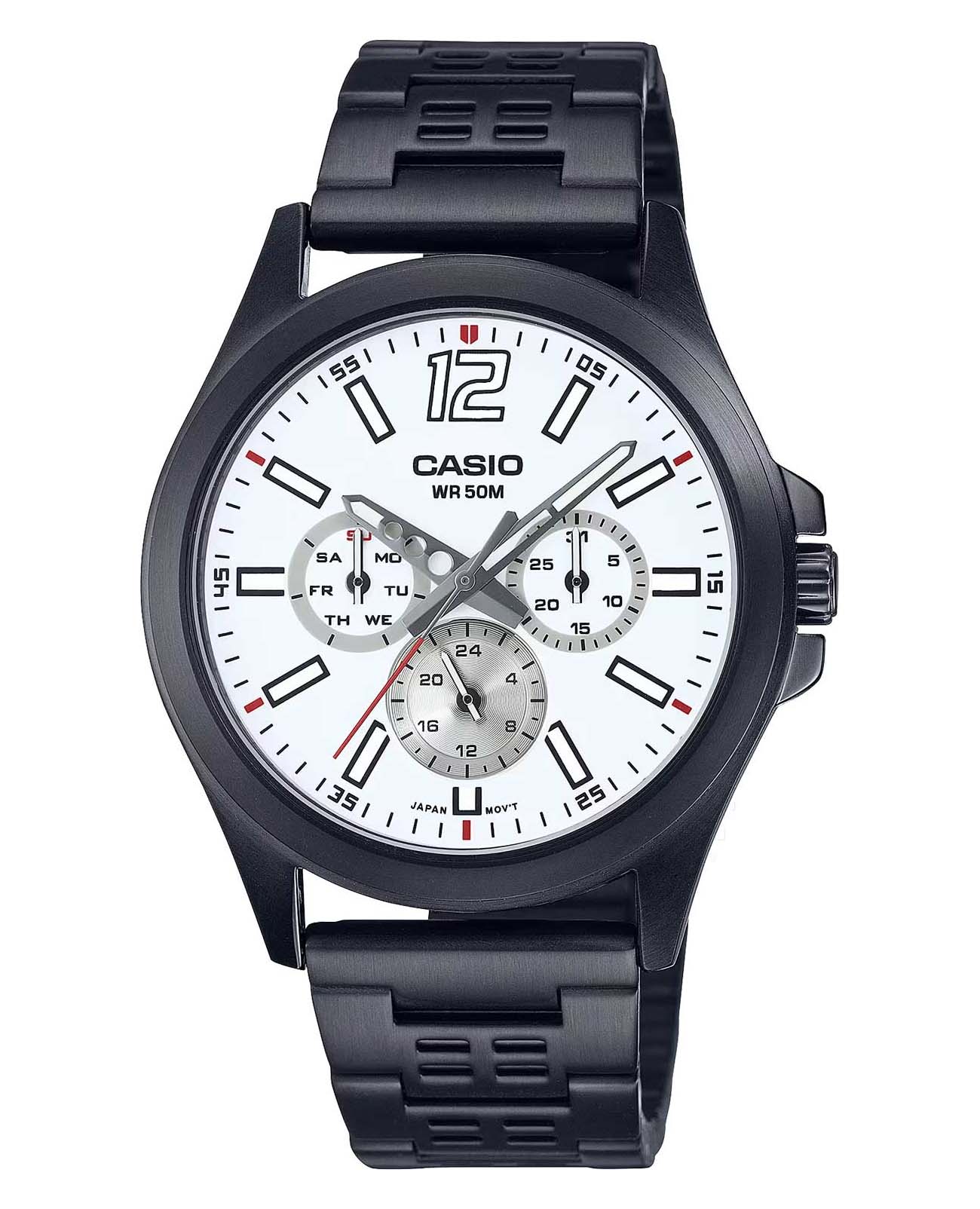 Casio Casio Collection MTP-E350B-7B  MTP-E350B-7B кварцевые мужские часы белый циферблат, браслет нержавеющая сталь с ip-покрытием — вид спереди