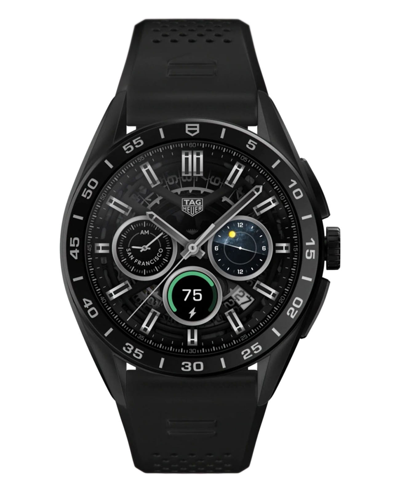 TAG Heuer  TAG Heuer Connected Calibre E4 - 45 mm SBR8A80.BT6261  SBR8A80.BT6261 электронные мужские часы черный циферблат, браслет каучук — вид спереди
