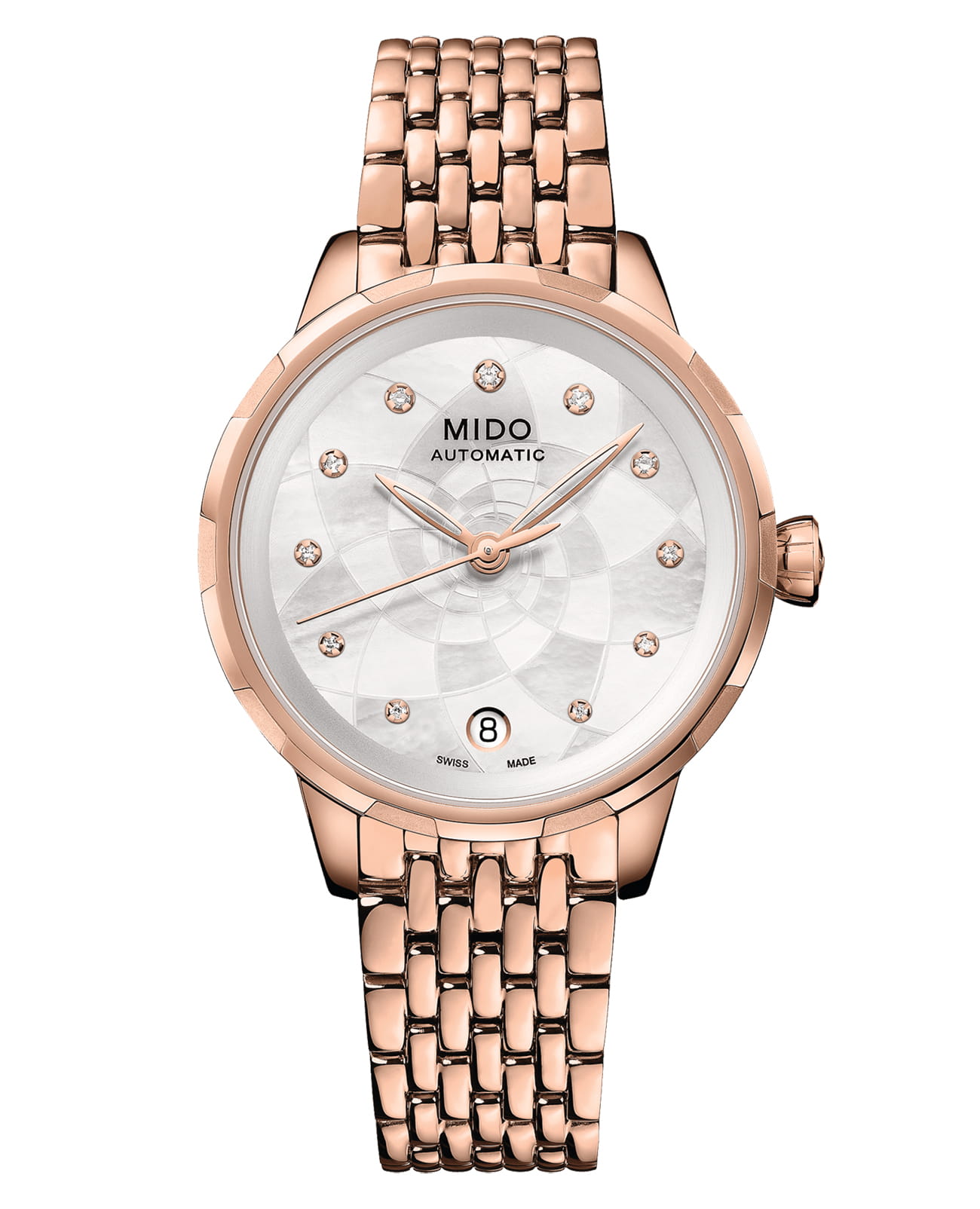 Mido Mido Rainflower M043.207.33.106.00  M0432073310600 механические женские часы белый циферблат, браслет нержавеющая сталь с pvd-покрытием — вид спереди