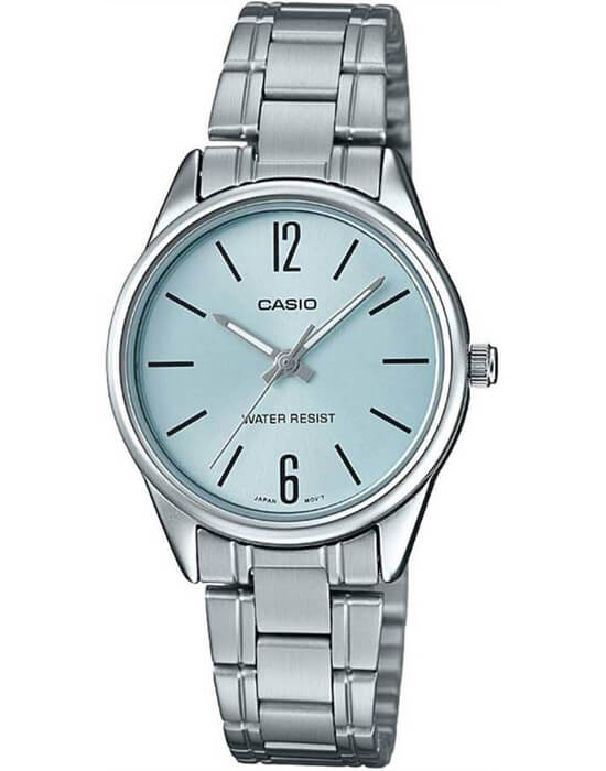 Casio Casio LTP-V005D-2B  LTP-V005D-2B кварцевые женские часы голубой циферблат, браслет нержавеющая сталь — вид спереди