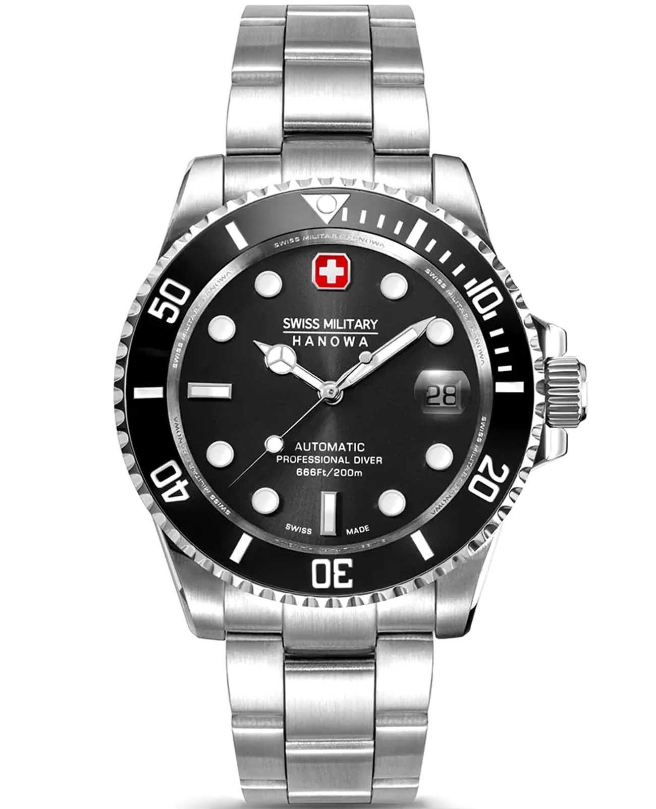 Swiss Military Hanowa Swiss Military Hanowa Sealord SMWGL0006301  SMWGL0006301 механические мужские часы черный циферблат, браслет нержавеющая сталь — вид спереди