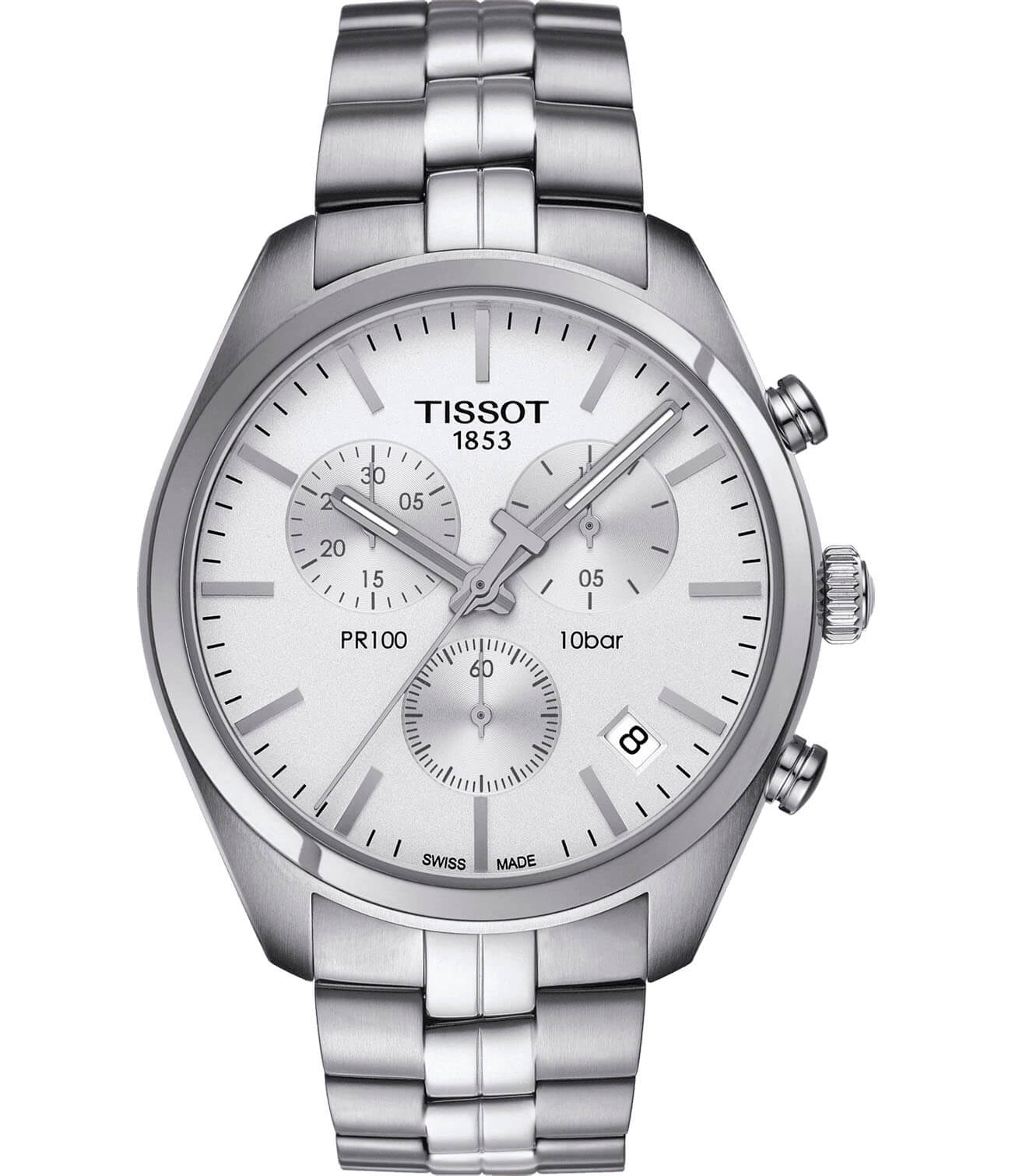 Tissot Tissot PR 100 Сhronograph T101.417.11.031.00 PR 100 T1014171103100 кварцевые мужские часы белый циферблат, браслет нержавеющая сталь — вид спереди