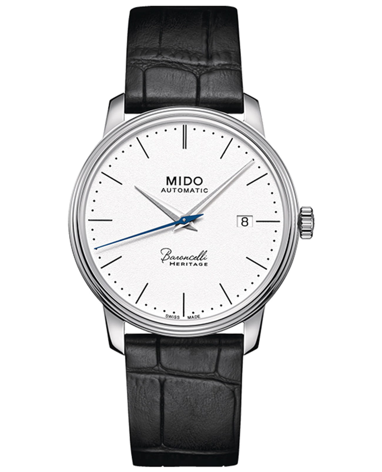 Mido Mido Baroncelli Heritage Gent M027.407.16.010.00  M0274071601000 механические мужские часы белый циферблат, браслет кожаный — вид спереди