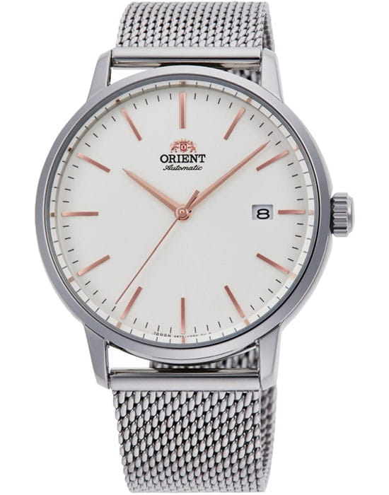 Orient Orient RA-AC0E07S1 (RN-AC0E07S)  RA-AC0E07S механические мужские часы белый циферблат, браслет нержавеющая сталь — вид спереди