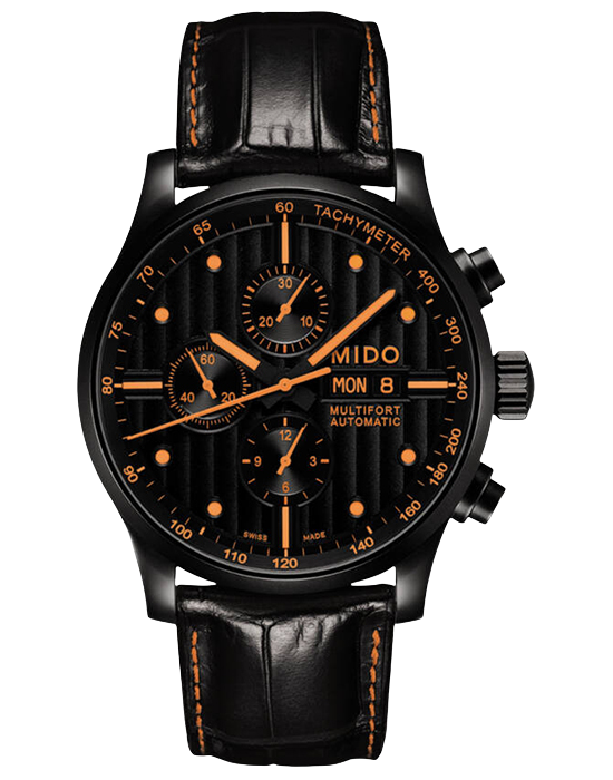 Mido Mido Multifort Chronograph M005.614.36.051.22  M0056143605122 механические мужские часы черный циферблат, браслет кожаный — вид спереди