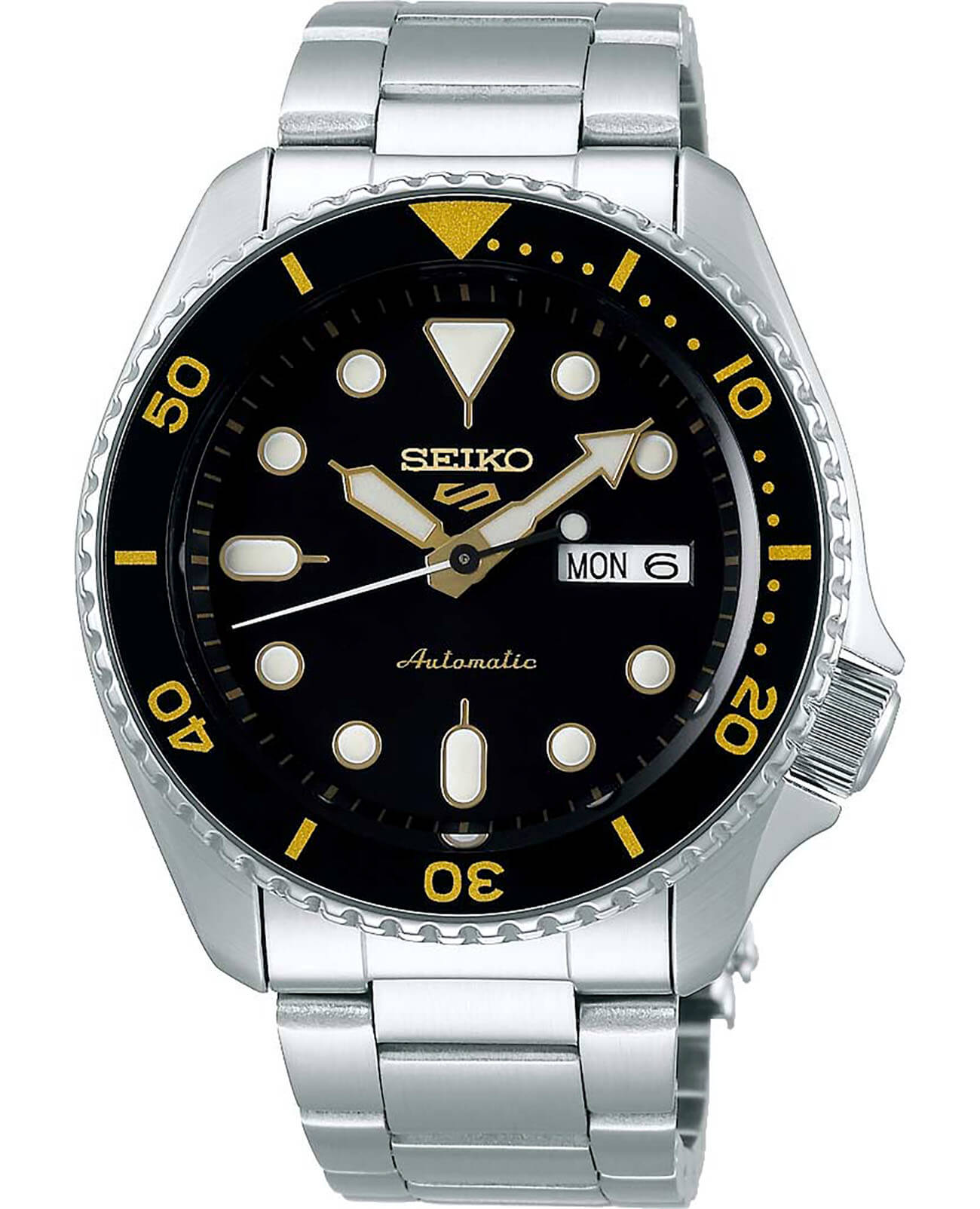 Seiko Seiko 5 Sports SRPD57K1S  SRPD57K1 механические мужские часы черный циферблат, браслет нержавеющая сталь — вид спереди