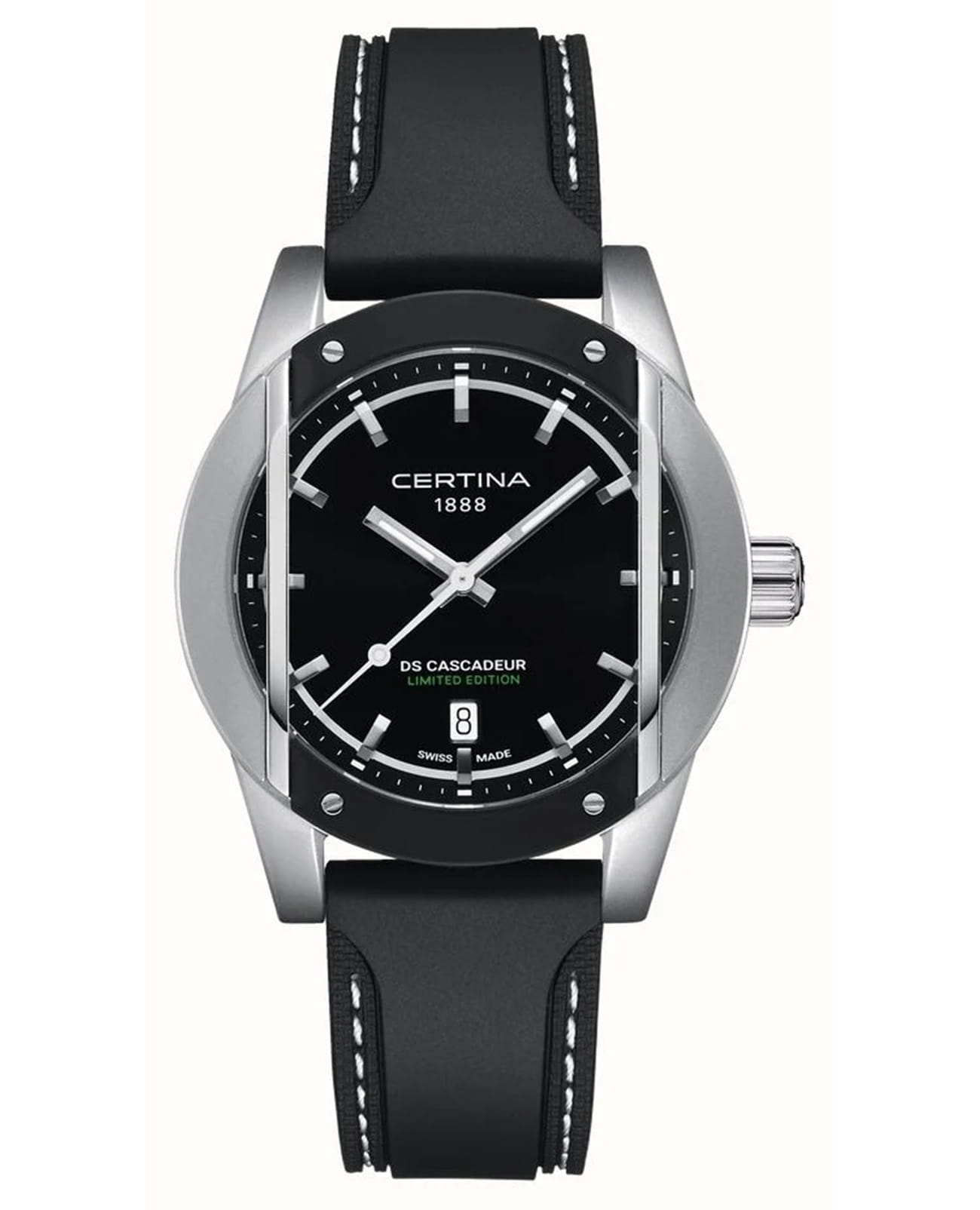 Certina Certina DS Cascadeur C046.410.27.051.10  C0464102705110 кварцевые мужские часы черный циферблат, браслет каучук — вид спереди