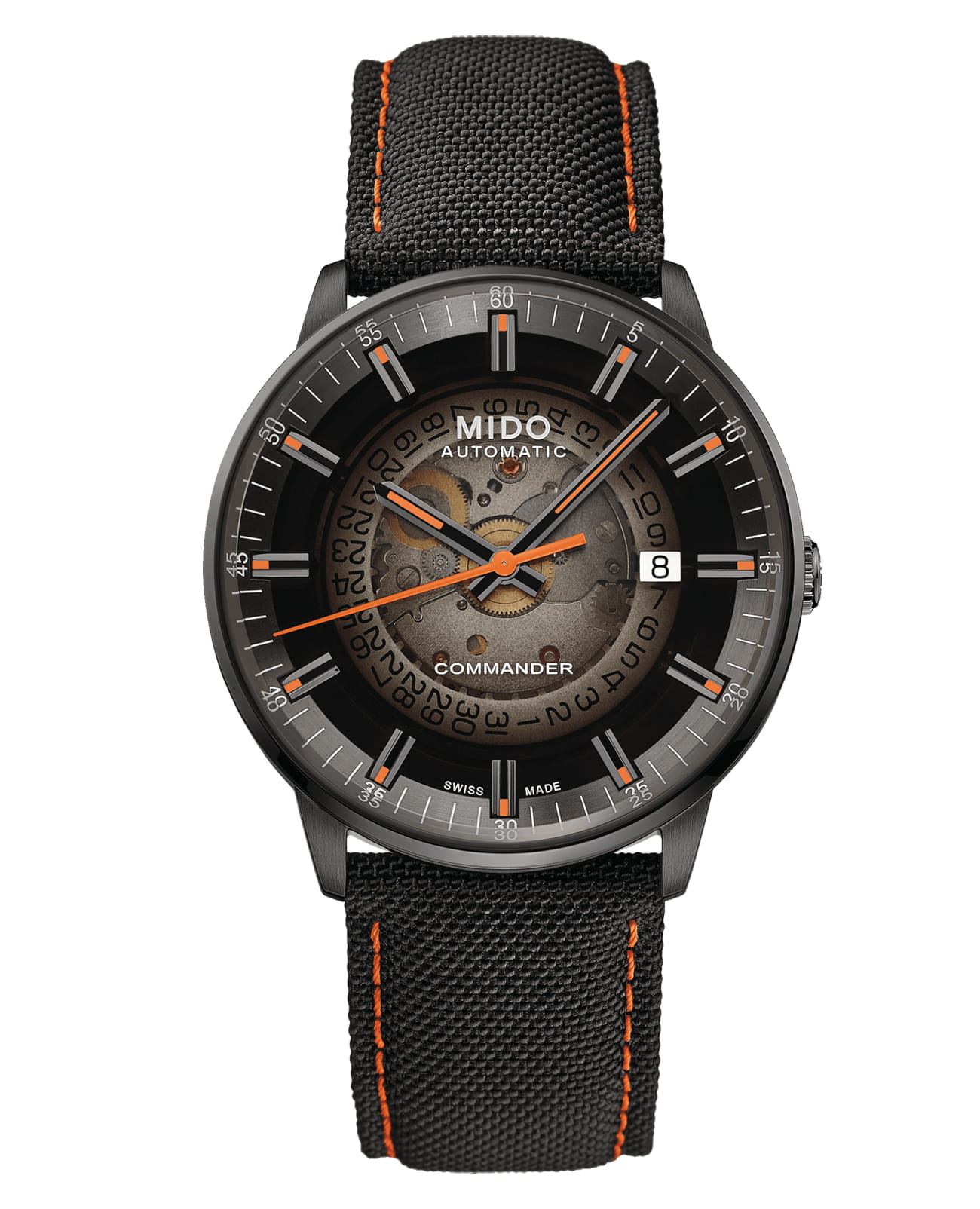Mido Mido Commander Gradient M021.407.37.411.00  M0214073741100 механические мужские часы черный циферблат, браслет тканевый — вид спереди