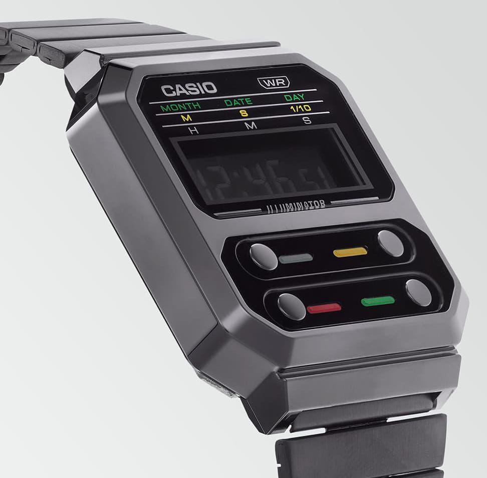 Casio Casio Vintage A100WEGG-1AEF, vintage япония мужские часы на браслете нержавеющая сталь боковой вид