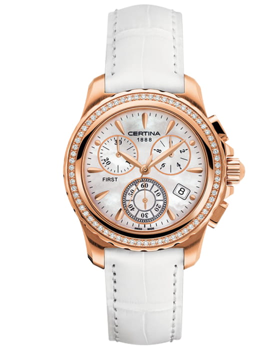 Certina Certina DS First Lady C900.217.76.117.00 DS First C9002177611700 кварцевые женские часы перламутровый циферблат, браслет кожаный — вид спереди