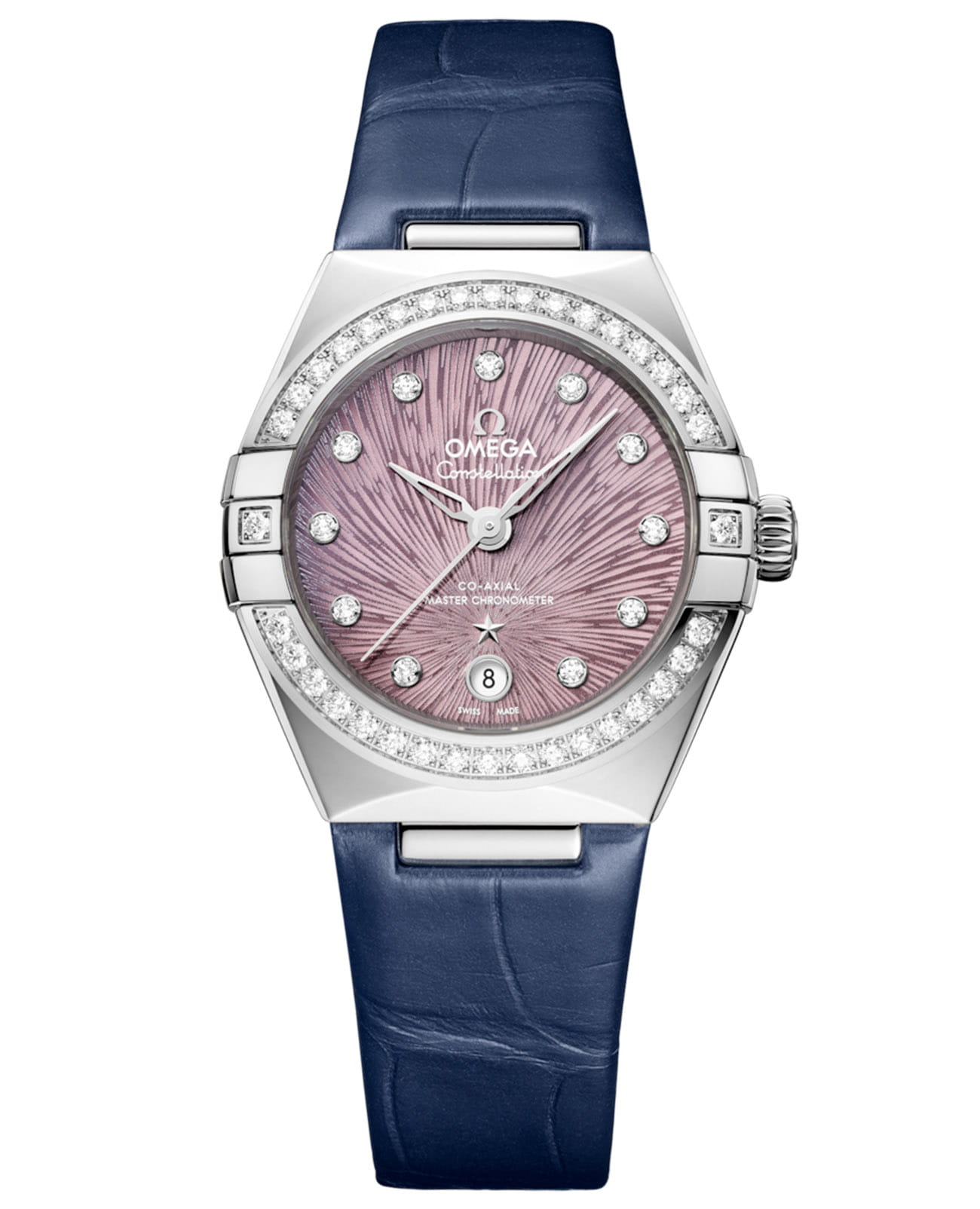 Omega Omega Constellation 131.18.29.20.60.001  13118292060001 механические женские часы фиолетовый циферблат, браслет кожаный — вид спереди