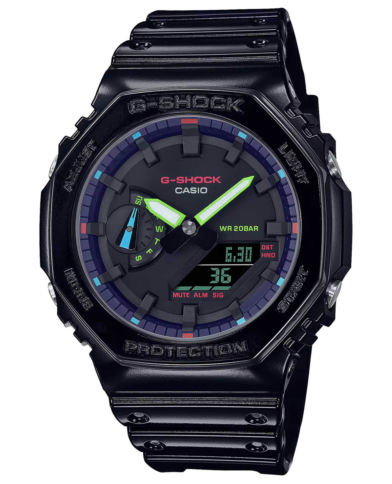 Casio Casio G-Shock GA-2100RGB-1ADR (GA-2100RGB-1A) GA-2100 GA-2100RGB-1A электронные мужские часы цветной циферблат, браслет пластик — вид спереди