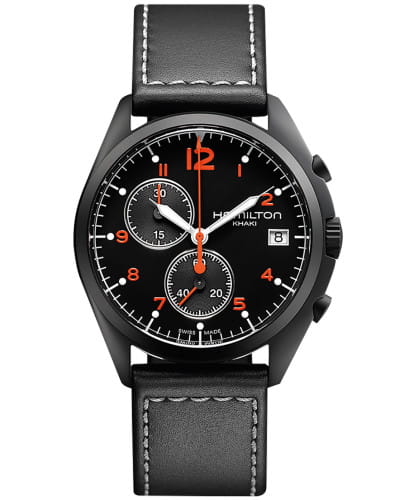 Hamilton Hamilton Khaki Aviation Pilot Pioneer Chrono H76582733  H76582733 кварцевые мужские часы черный циферблат, браслет кожаный — вид спереди