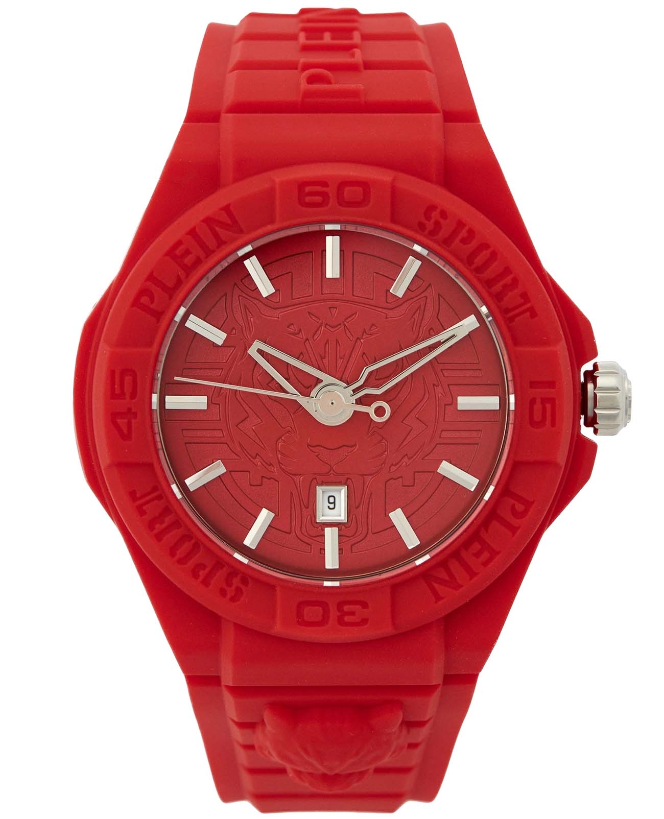 Plein Sport Plein Sport Fearless Date PSHDA0224  PSHDA0224 кварцевые мужские часы красный циферблат, браслет силикон — вид спереди