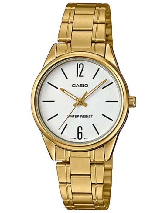 Casio Casio Collection LTP-V005G-7B  LTP-V005G-7B кварцевые женские часы белый циферблат, браслет нержавеющая сталь с ip-покрытием — вид спереди