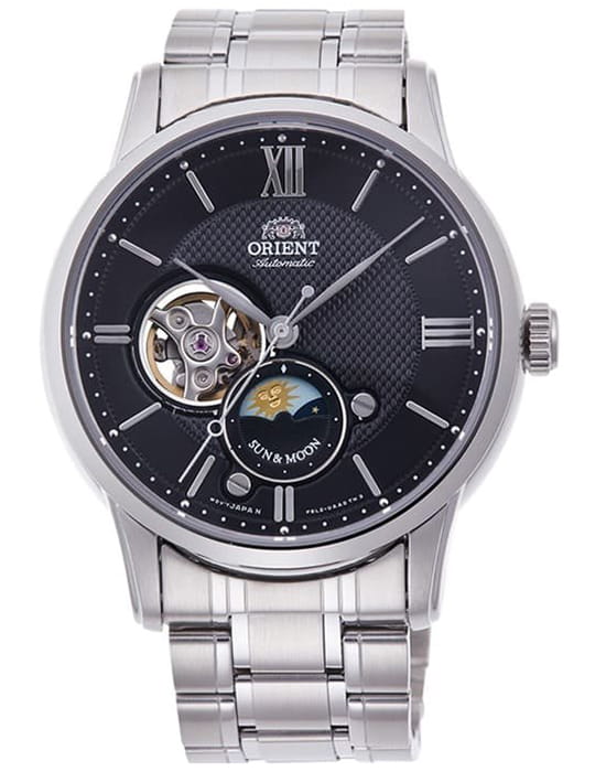 Orient Orient Sun & Moon RA-AS0008B (RN-AS0008B)  RA-AS0008B механические мужские часы черный циферблат, браслет нержавеющая сталь — вид спереди