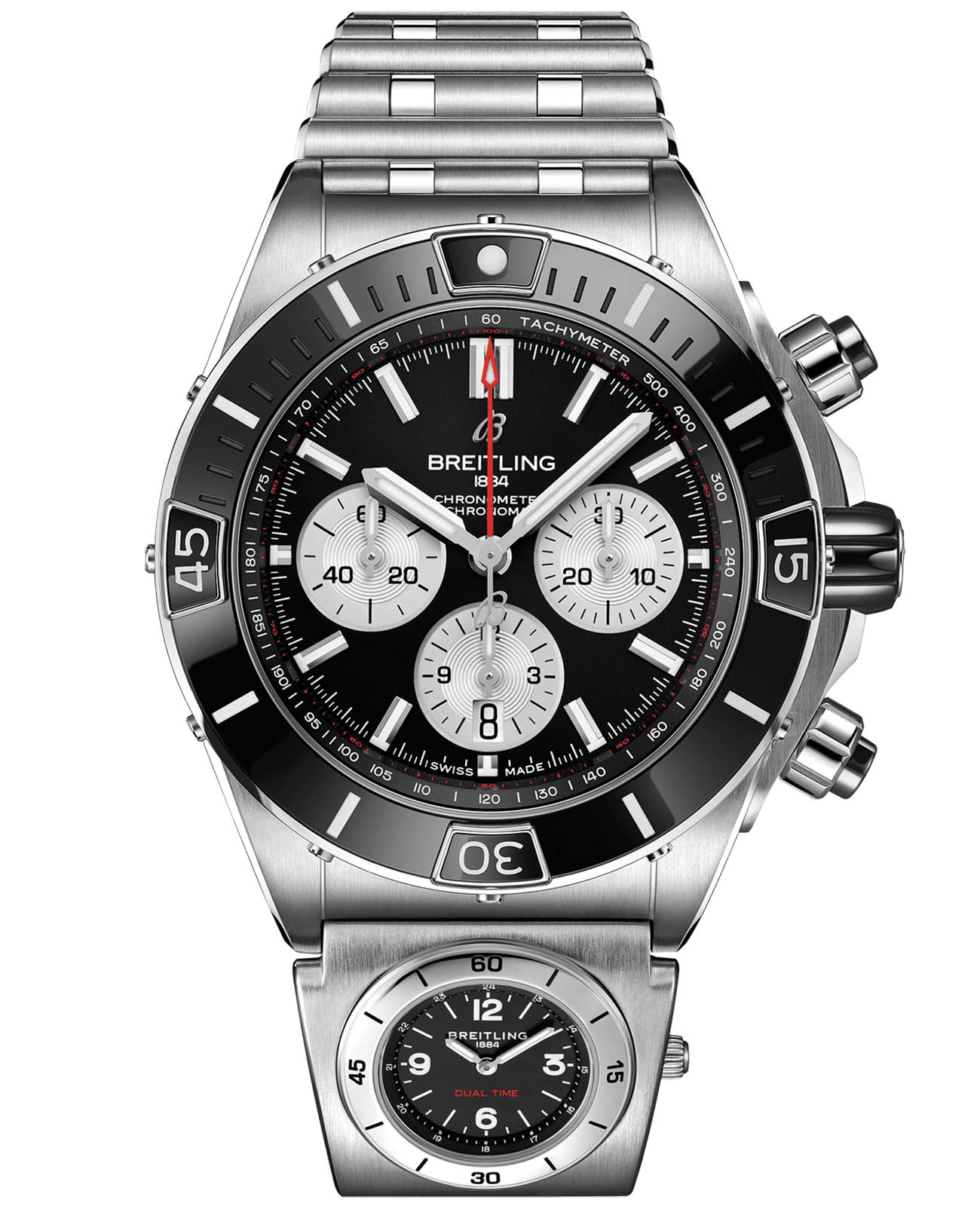 Breitling Breitling Super Chronomat B01 44 AB0136251B1A2  AB0136251B1A2 механические мужские часы черный циферблат, браслет нержавеющая сталь — вид спереди