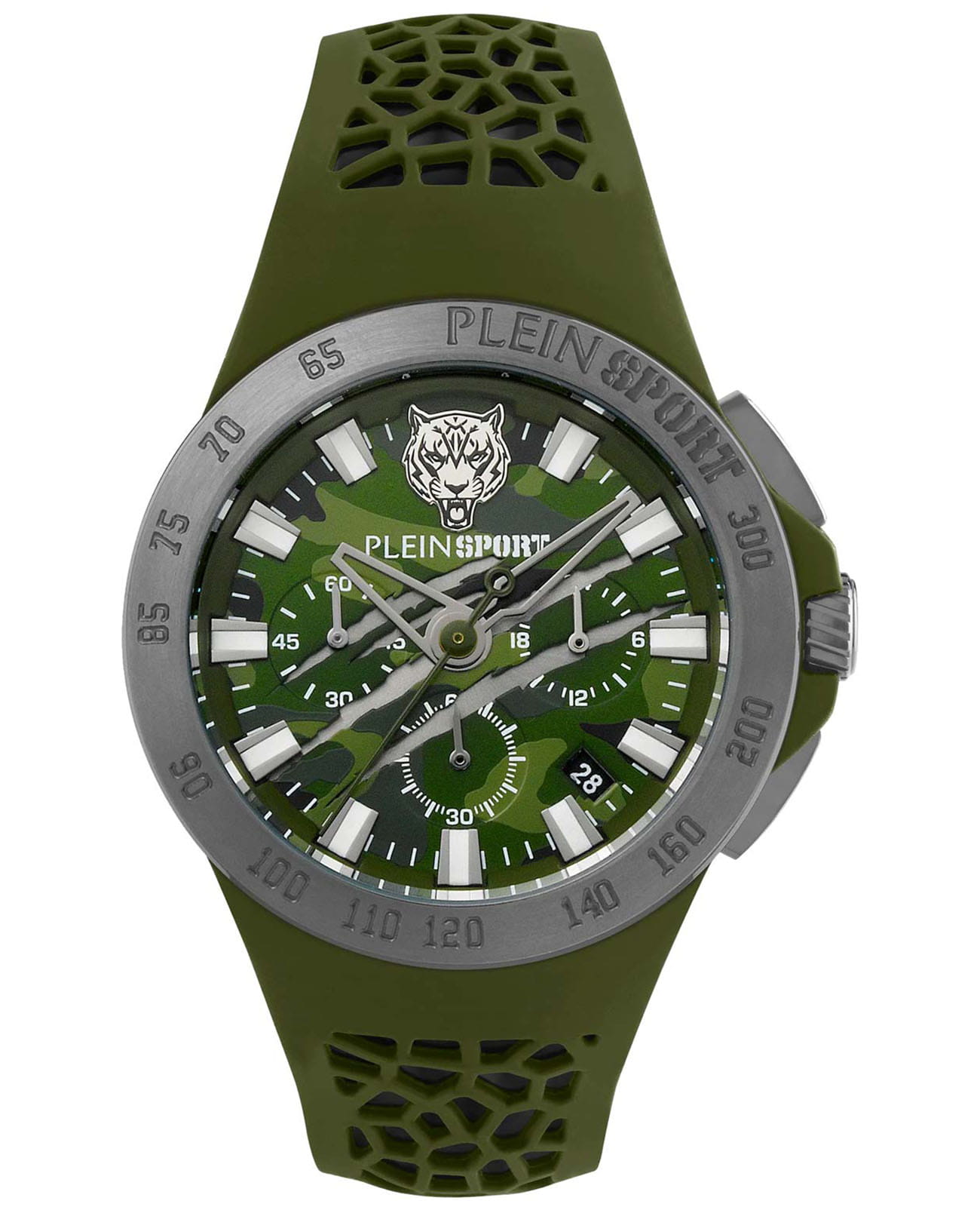 Plein Sport Plein Sport Thunderstorn Chrono PSABA0323  PSABA0323 кварцевые мужские часы зеленый циферблат, браслет силикон — вид спереди