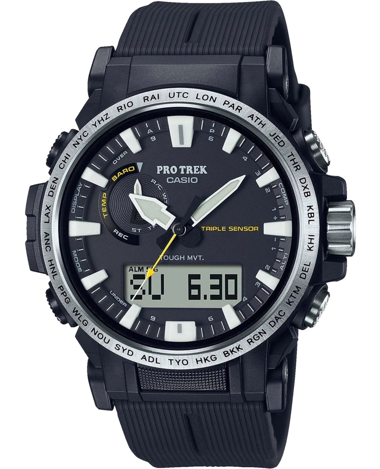 Casio Casio Pro Trek PRW-61-1A PRW PRW-61-1A кварцевые мужские часы черный циферблат, браслет пластик — вид спереди