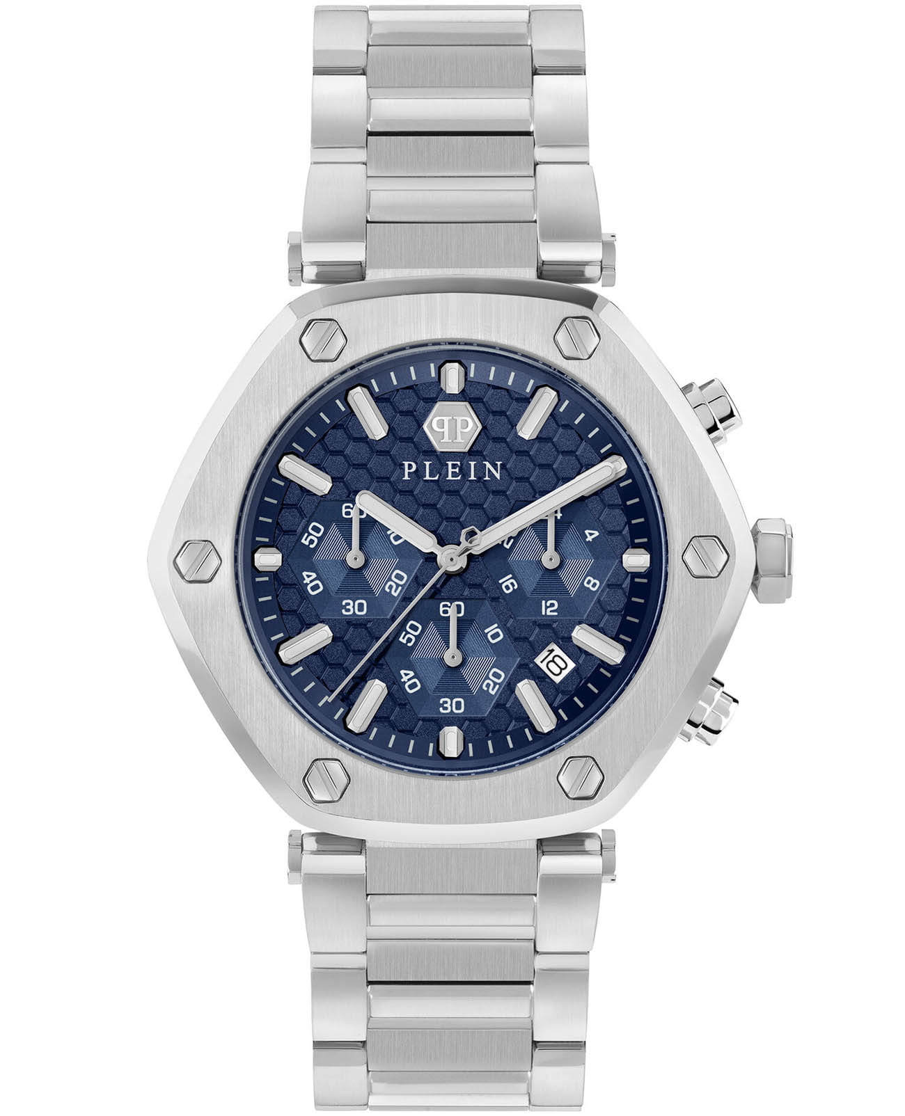 Philipp Plein Philipp Plein The Hexagon Chrono PWZBA0323  PWZBA0323 кварцевые мужские часы синий циферблат, браслет нержавеющая сталь — вид спереди