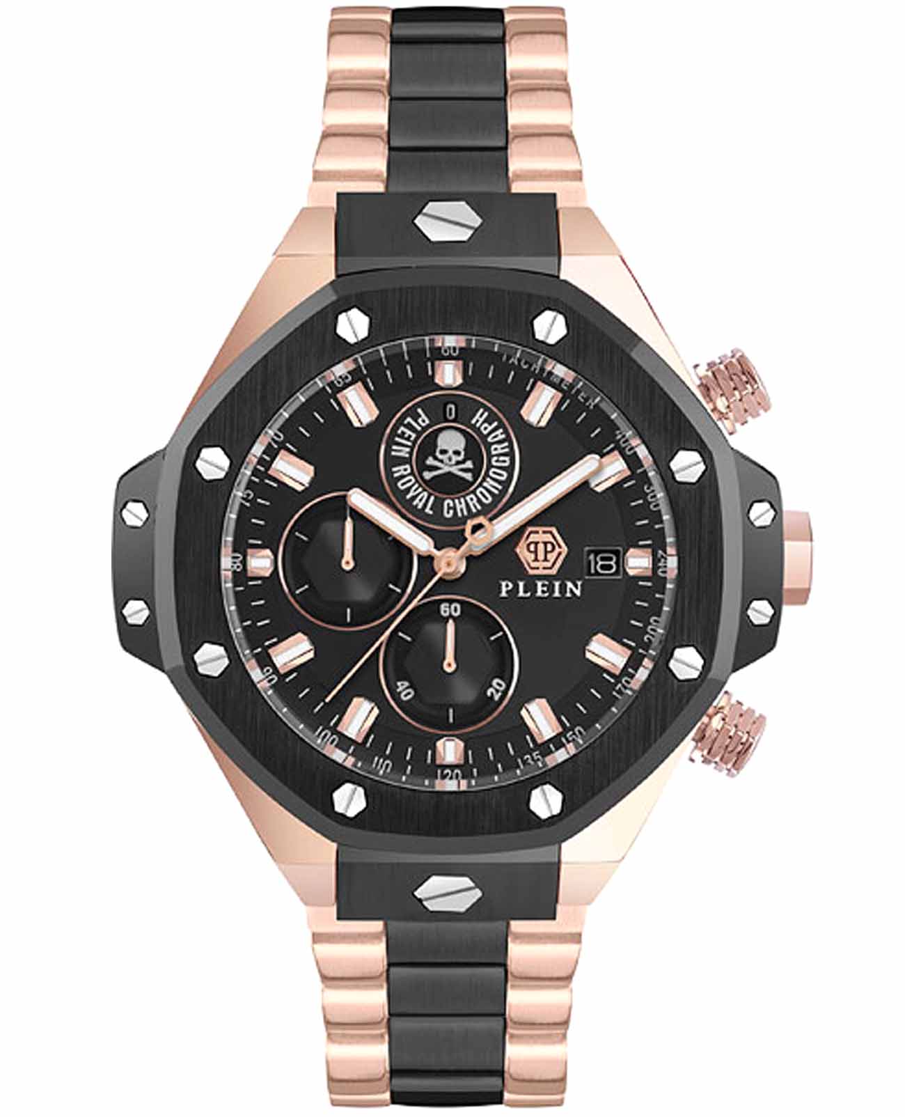 Philipp Plein Philipp Plein Plein Chrono Royal PWLFA0625  PWLFA0625 кварцевые мужские часы черный циферблат, браслет нержавеющая сталь с pvd-покрытием — вид спереди