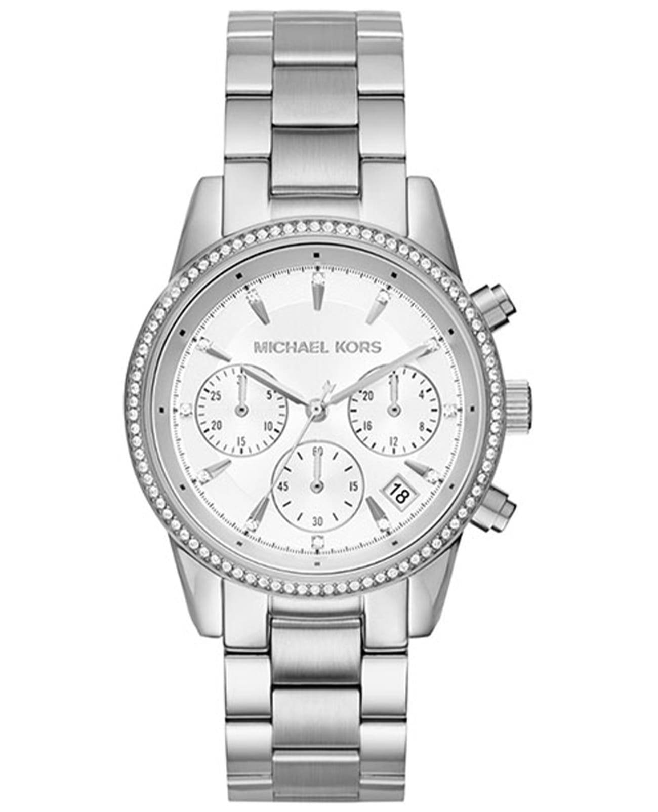 Michael Kors Michael Kors Ritz MK6428  MK6428 кварцевые женские часы серебристый циферблат, браслет нержавеющая сталь — вид спереди