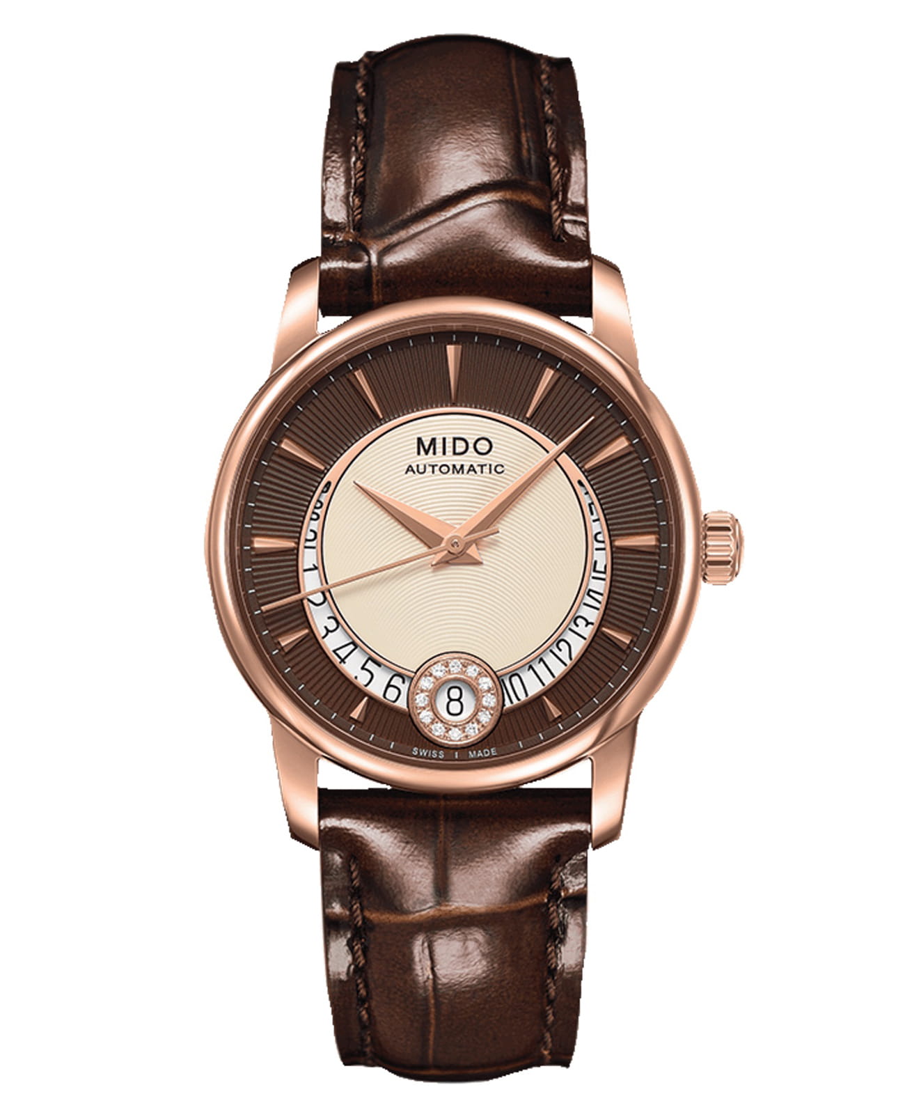 Mido Mido Baroncelli Diamonds M007.207.36.291.00  M0072073629100 механические женские часы  циферблат, браслет кожаный — вид спереди