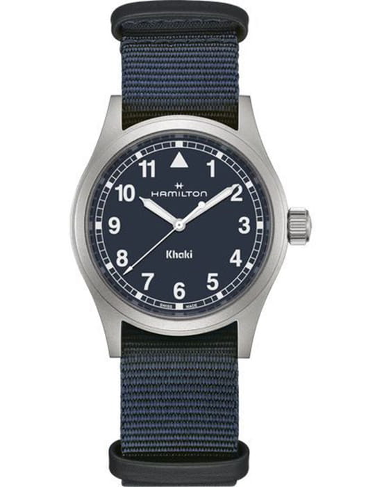 Hamilton Hamilton Khaki Field Quartz 38mm H69401940  H69401940 кварцевые мужские часы синий циферблат, браслет тканевый — вид спереди