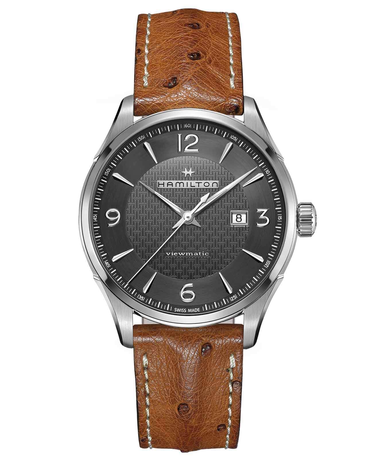 Hamilton Hamilton Jazzmaster Viewmatic Auto H32755851  H32755851 механические мужские часы серый циферблат, браслет кожаный — вид спереди