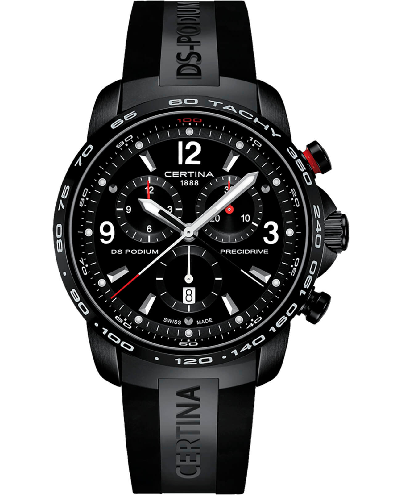 Certina Certina DS Podium Chronograph 1/100 sec C001.647.17.057.00  C0016471705700 кварцевые мужские часы черный циферблат, браслет каучук — вид спереди
