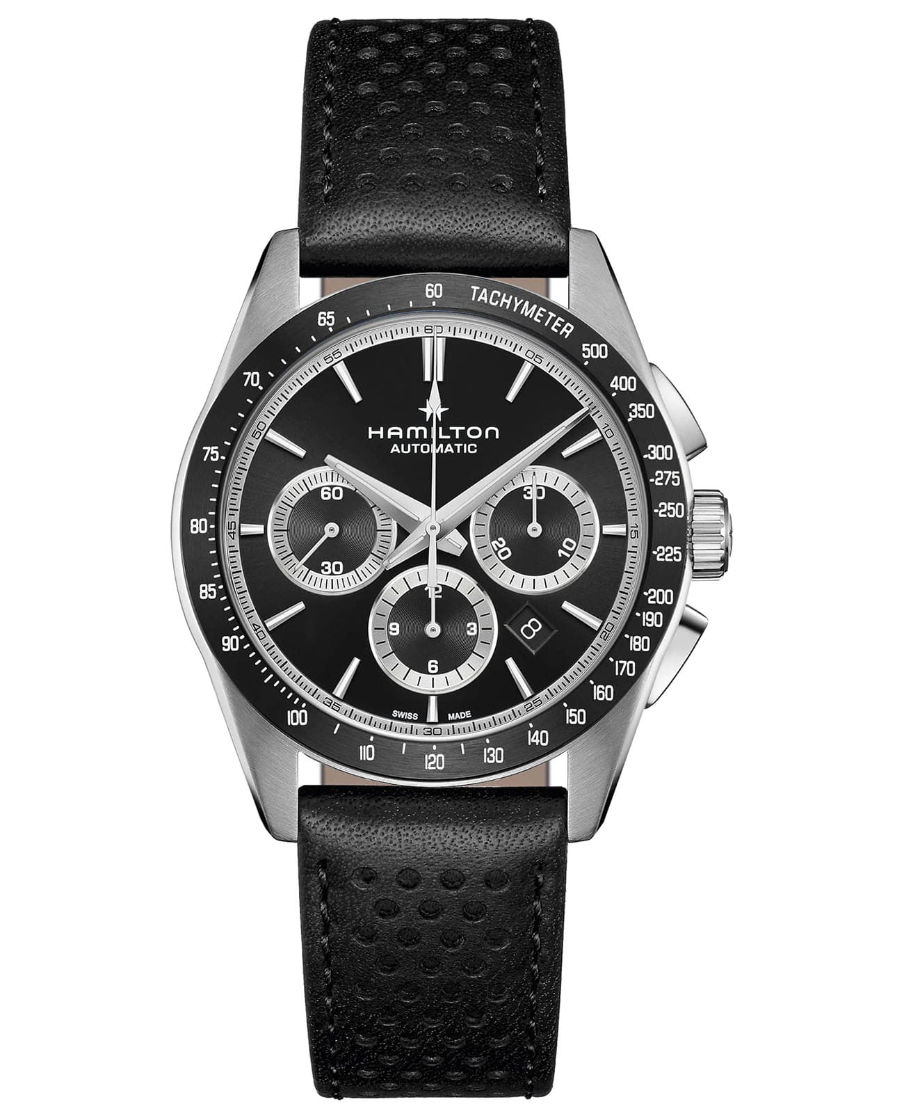 Hamilton Hamilton Jazzmaster Performer Auto Chrono H36606730  H36606730 механические мужские часы черный циферблат, браслет кожаный — вид спереди