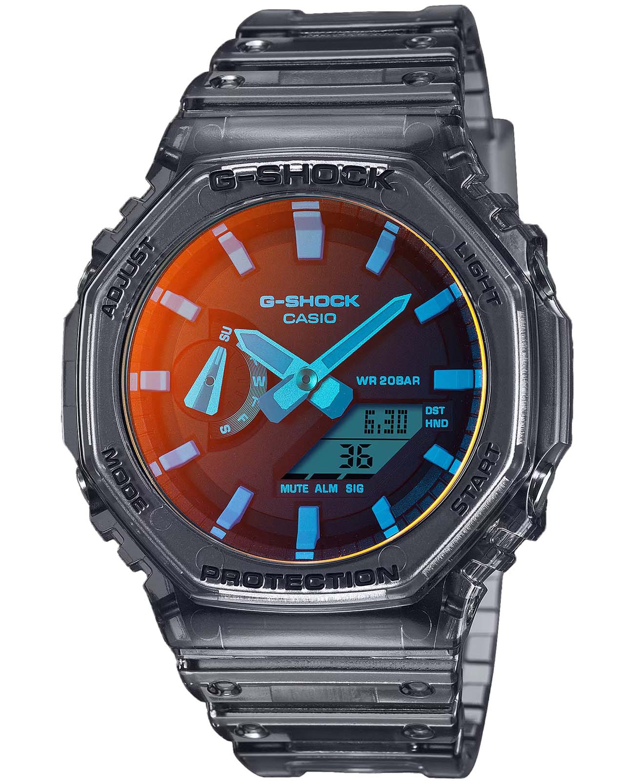 Casio Casio G-Shock GA-2100TLS-8ADR (GA-2100TLS-8A) GA-2100 GA-2100TLS-8A электронные мужские часы  циферблат, браслет пластик — вид спереди