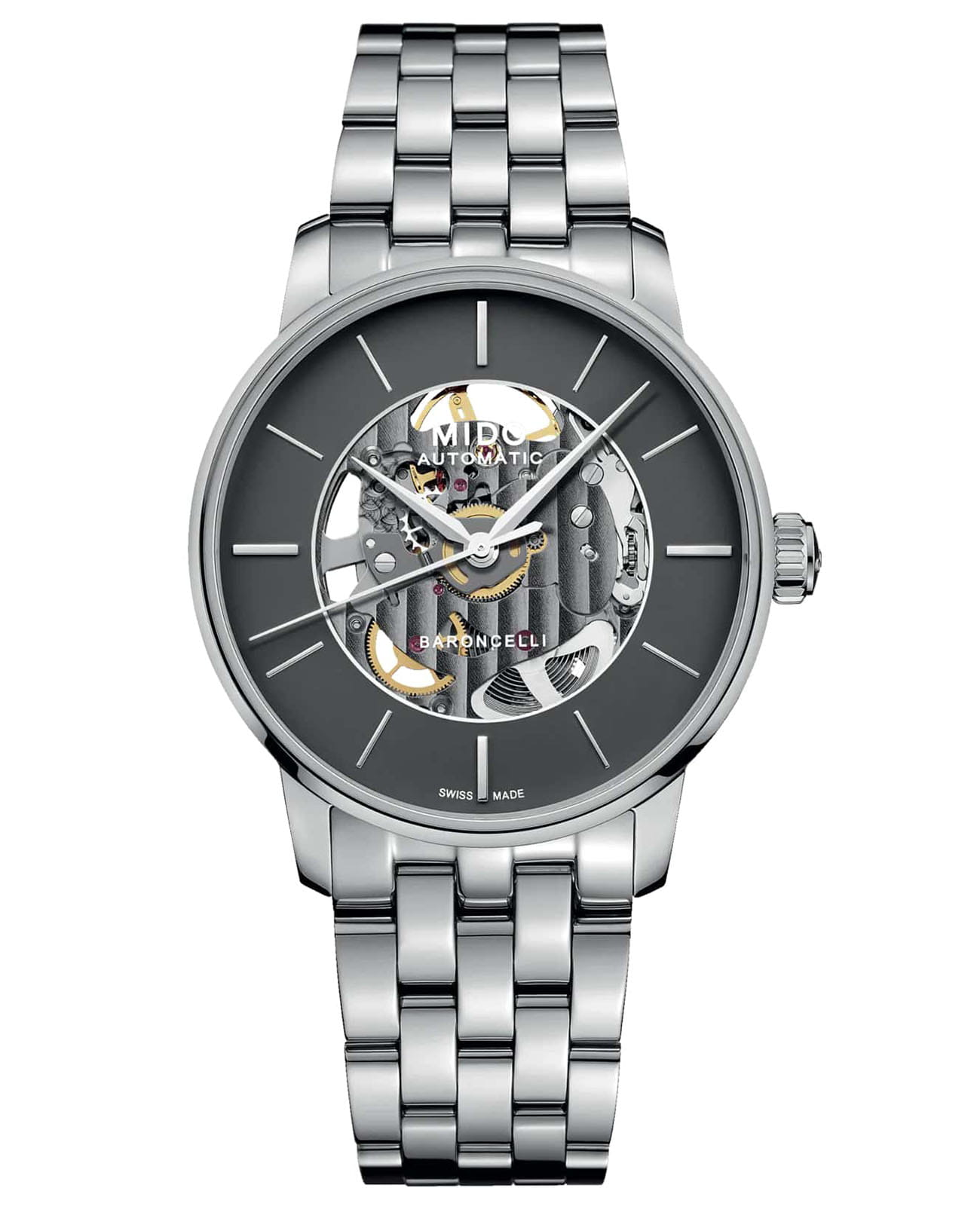 Mido Mido Baroncelli Signature M037.436.11.061.00  M0374361106100 механические мужские часы антрацитовый циферблат, браслет нержавеющая сталь — вид спереди