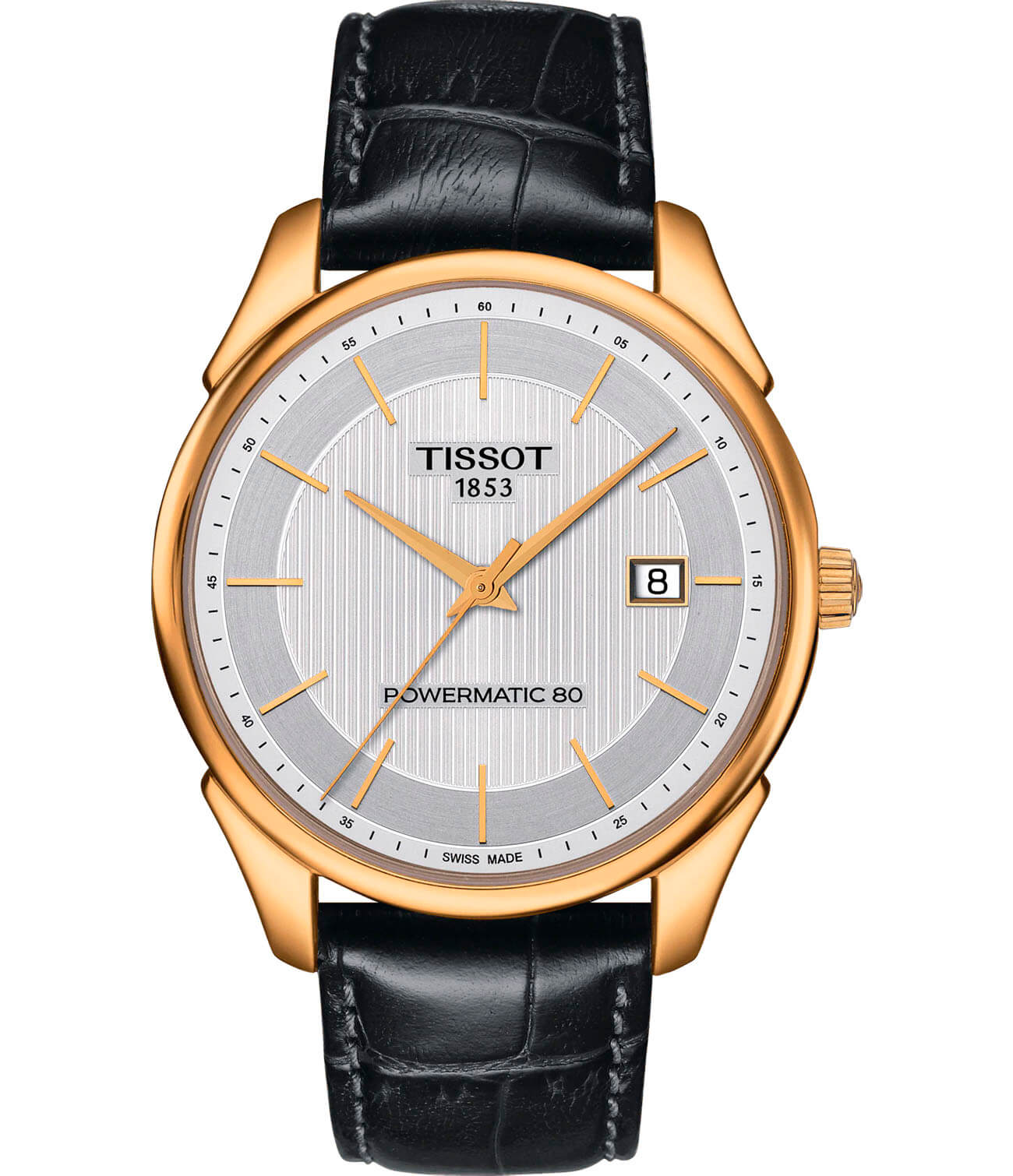 Tissot Tissot Vintage Powermatic 80 18K Gold T920.407.16.031.00  T9204071603100 механические мужские часы белый циферблат, браслет кожаный — вид спереди