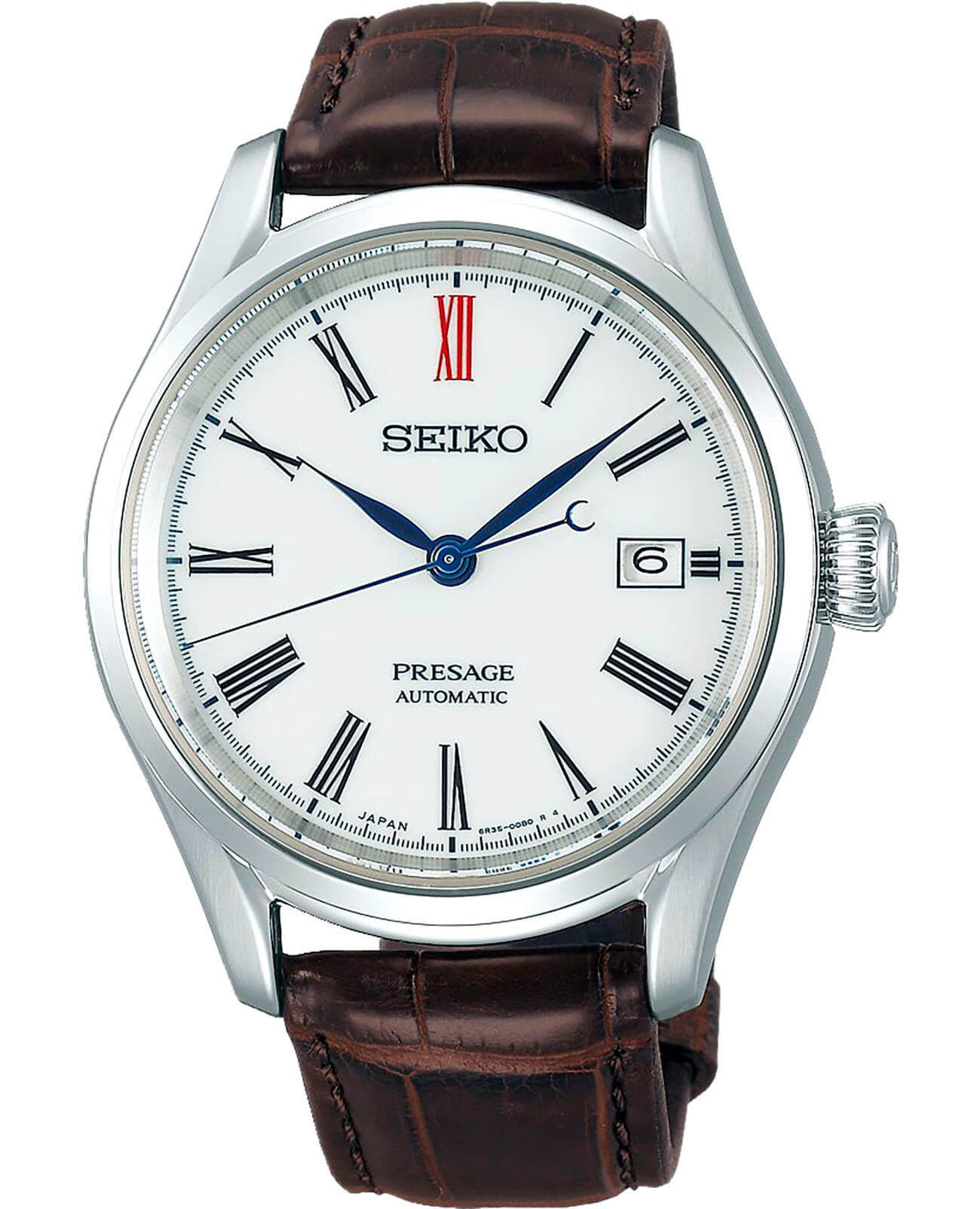 Seiko Seiko Presage SPB095J1  SPB095J1 механические мужские часы белый циферблат, браслет кожаный — вид спереди