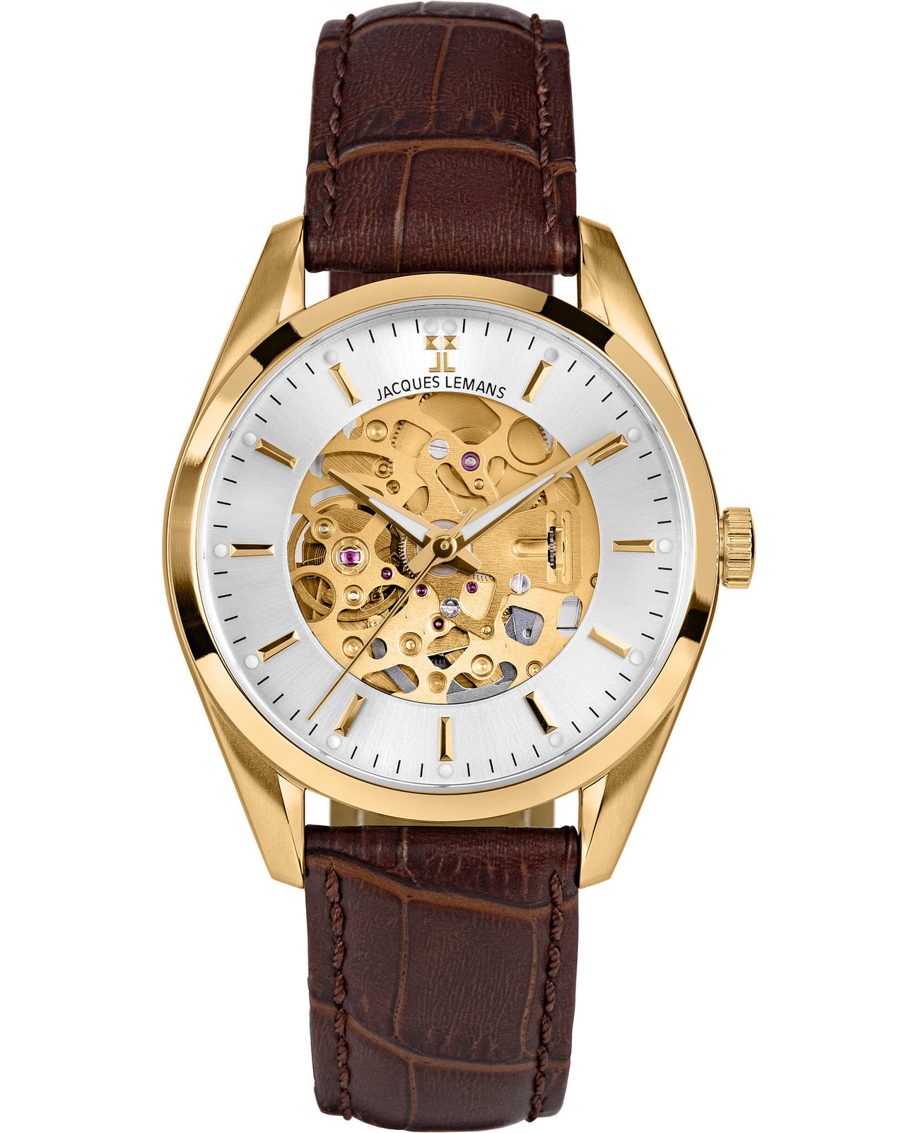 Jacques Lemans Jacques Lemans Automatic 1-2087E  1-2087E механические мужские часы золотой циферблат, браслет кожаный — вид спереди