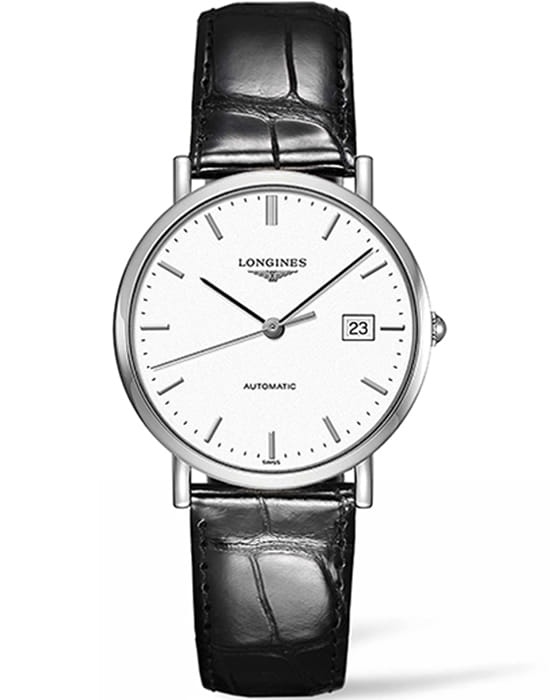 Longines Longines Elegant Collection L4.810.4.12.2  L48104122 механические мужские часы белый циферблат, браслет кожаный — вид спереди