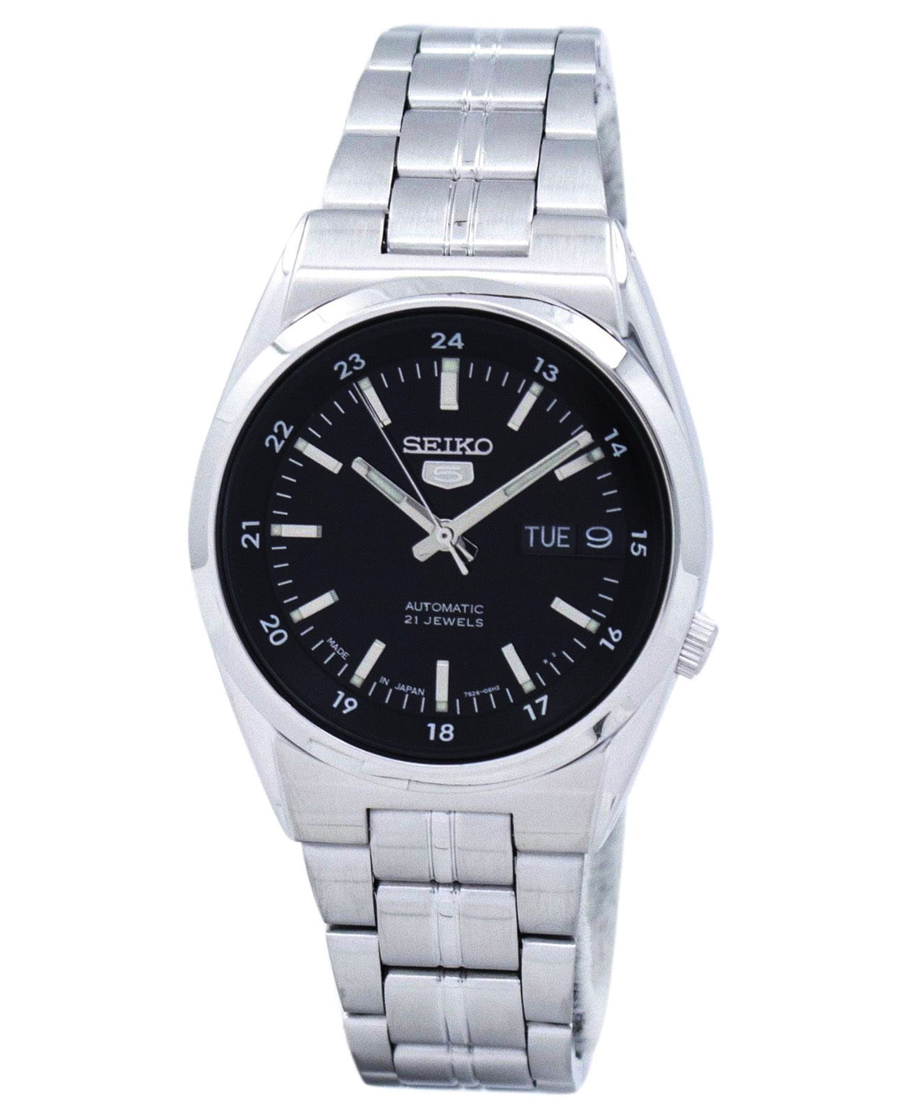 Seiko Seiko Seiko 5 SNK567J1  SNK567J1 механические мужские часы черный циферблат, браслет нержавеющая сталь — вид спереди