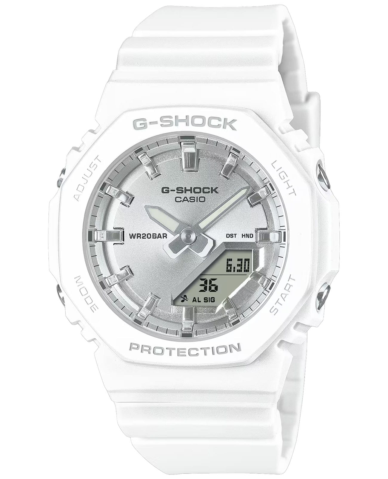 Casio Casio G-Shock GMA-P2100VA-7ADR (GMA-P2100VA-7A)  GMA-P2100VA-7A электронные женские часы серебристый циферблат, браслет пластик — вид спереди