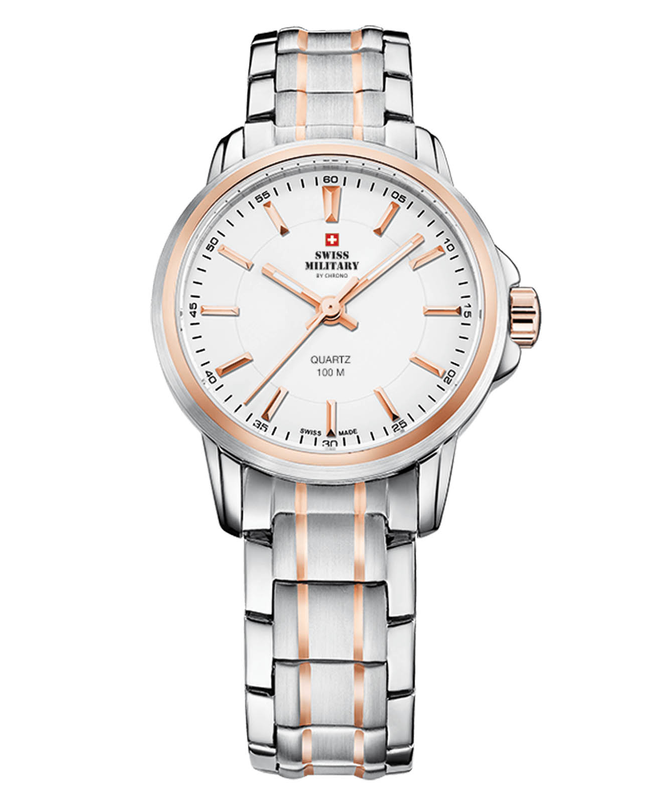 Swiss Military by Chrono Swiss Military by Chrono Classic SM34040.10  SM34040.10 кварцевые женские часы белый циферблат, браслет нержавеющая сталь с pvd-покрытием — вид спереди