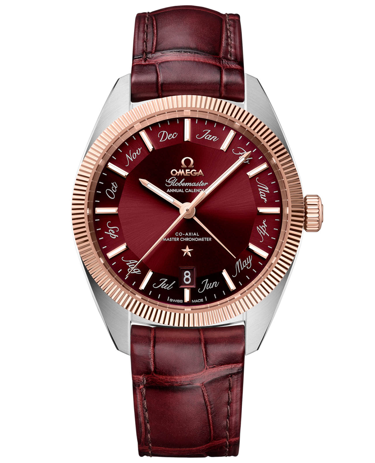 Omega Omega Constellation Globemaster 130.23.41.22.11.001 Globemaster 13023412211001 механические мужские часы красный циферблат, браслет кожаный — вид спереди