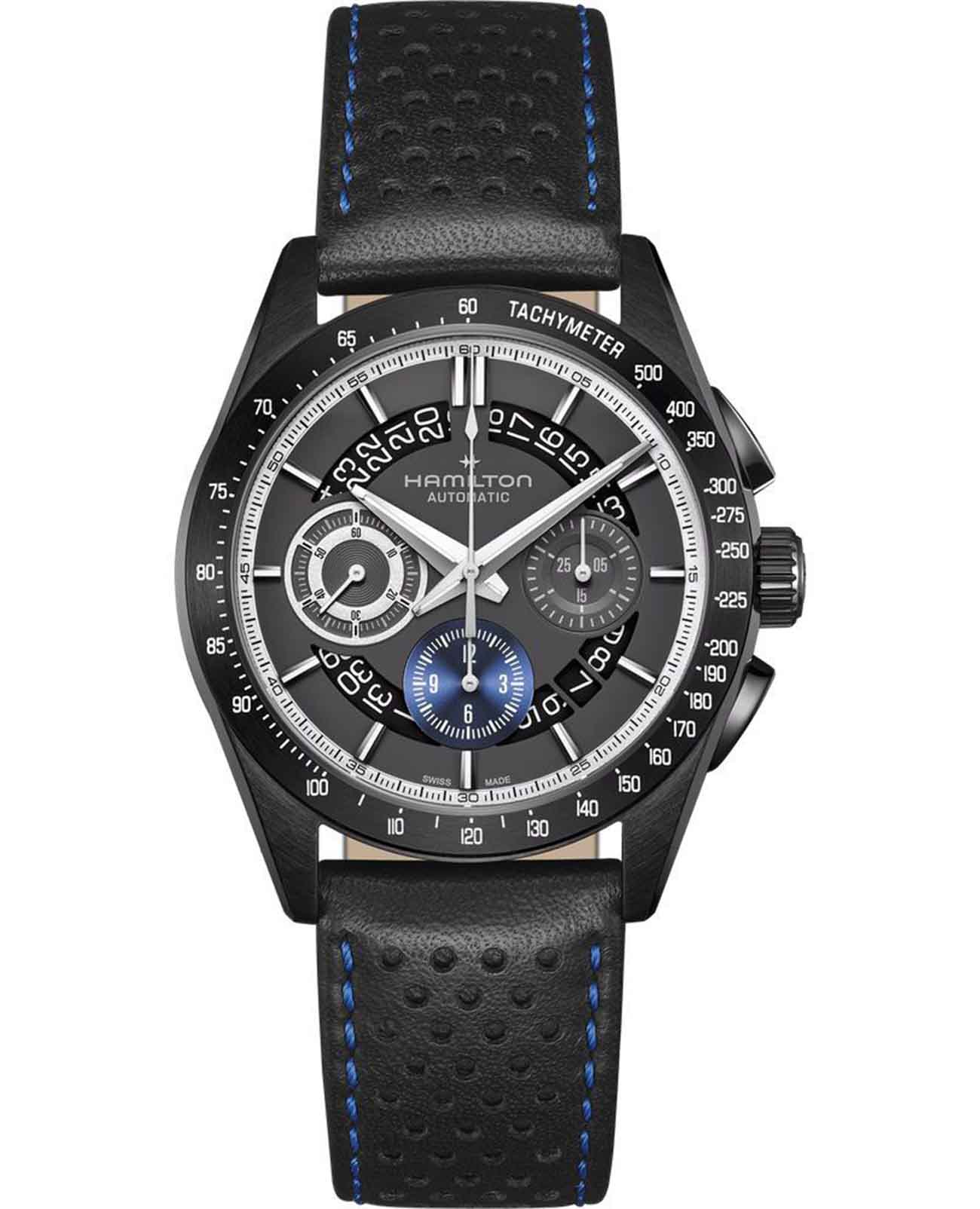 Hamilton Hamilton Jazzmaster Performer Autochrono 42mm H36646780  H36646780 механические мужские часы черный циферблат, браслет кожаный — вид спереди