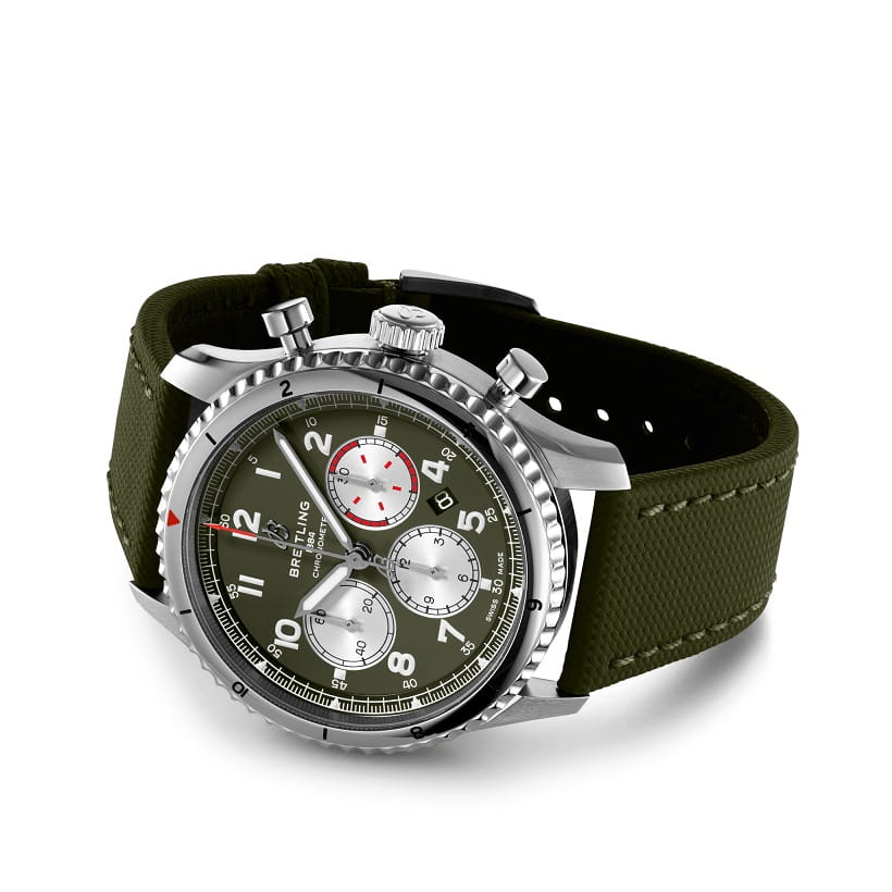 Breitling Breitling Aviator 8 B01 Chronograph 43 Curtiss Warhawk AB01192A1L1X1, aviator 8 швейцария мужские часы на браслете кожаный боковой вид