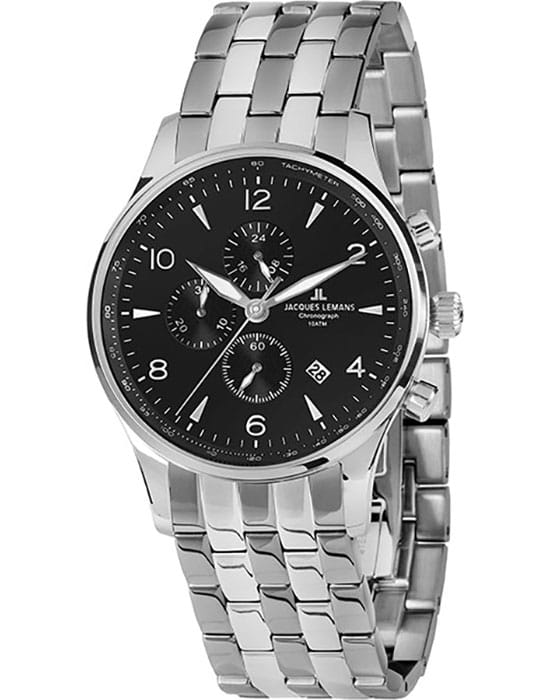 Jacques Lemans Jacques Lemans 1-1844ZE  1-1844ZE кварцевые мужские часы черный циферблат, браслет нержавеющая сталь — вид спереди