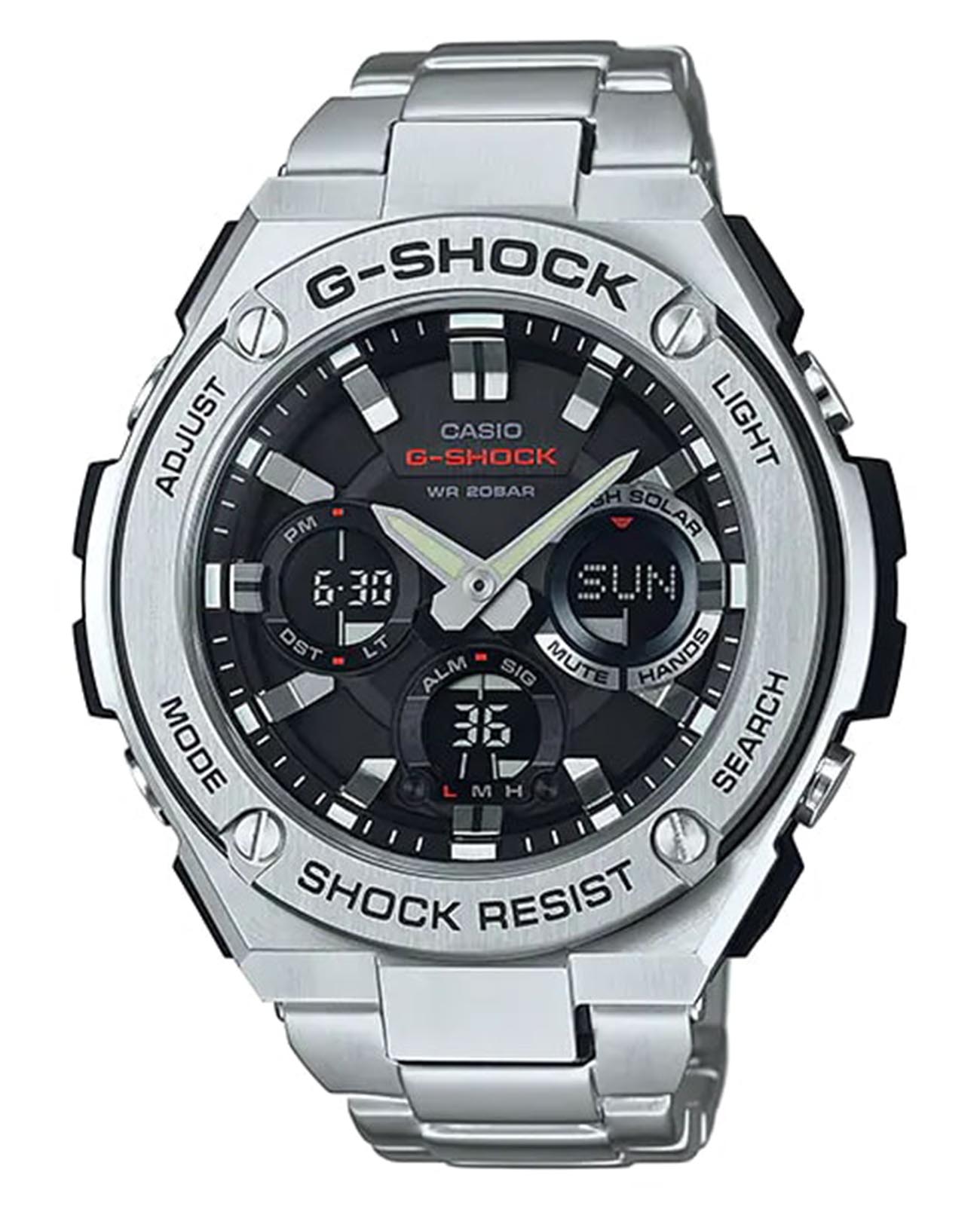 Casio Casio G-Shock GST-S110D-1ADR (GST-S110D-1A) GST G-Steel GST-S110D-1A электронные мужские часы черный циферблат, браслет нержавеющая сталь — вид спереди