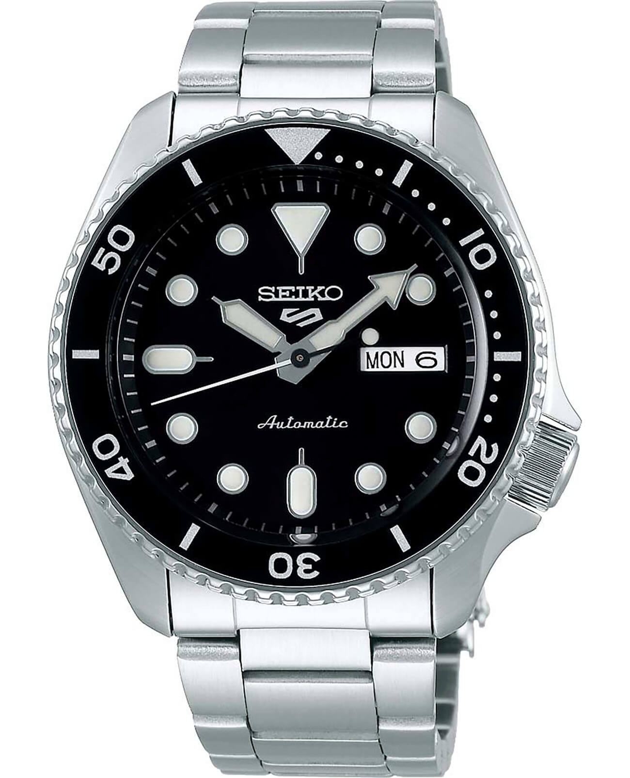 Seiko Seiko 5 Sports SRPD55K1S  SRPD55K1 механические мужские часы черный циферблат, браслет нержавеющая сталь — вид спереди